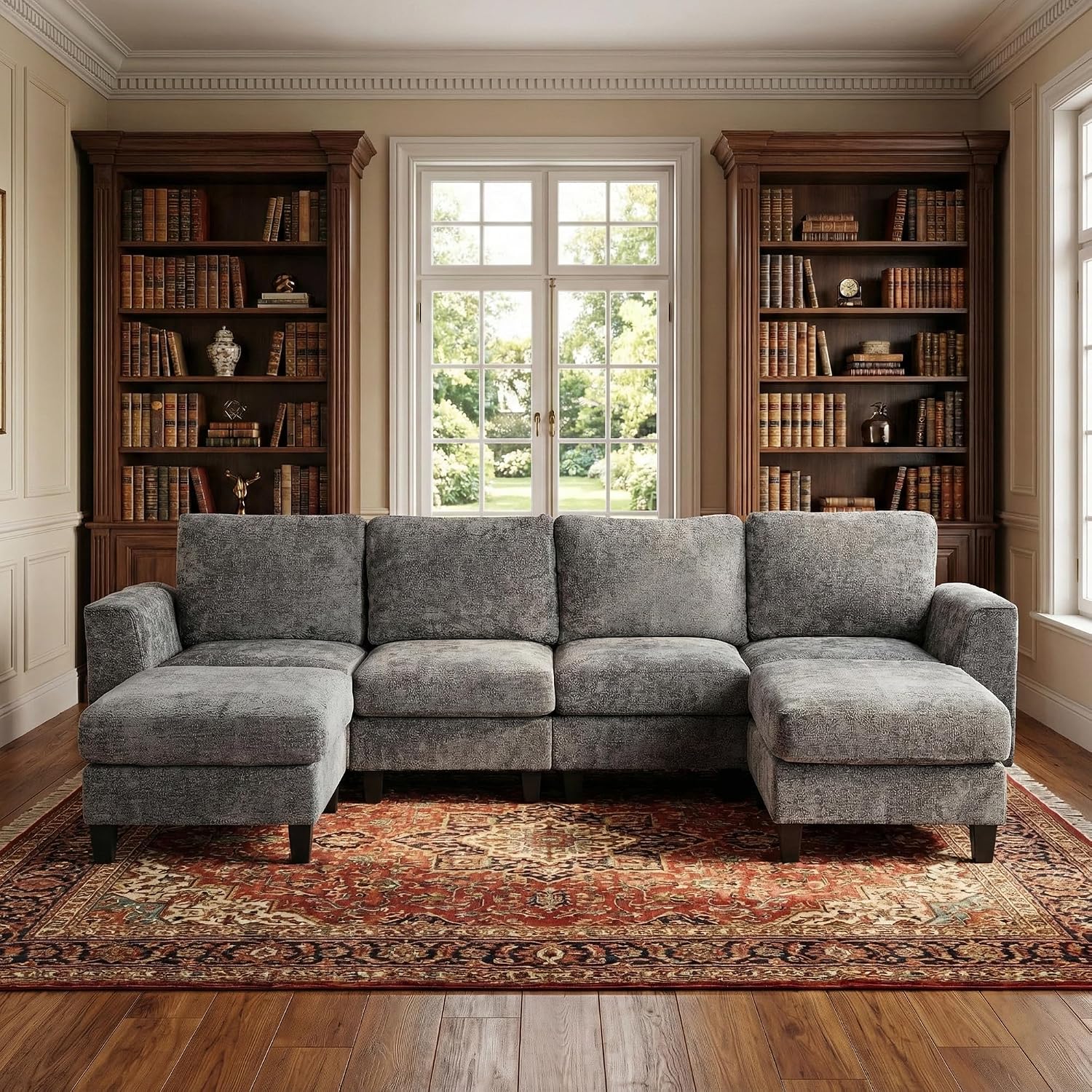 MALOL 118' Sectional U-Shaped Cloud Couch, Modular Modern 4-Seat Sofa, with USB Type C Ports, Foldable Side Table and 2 Ottomans, for Home Living Room, Grey