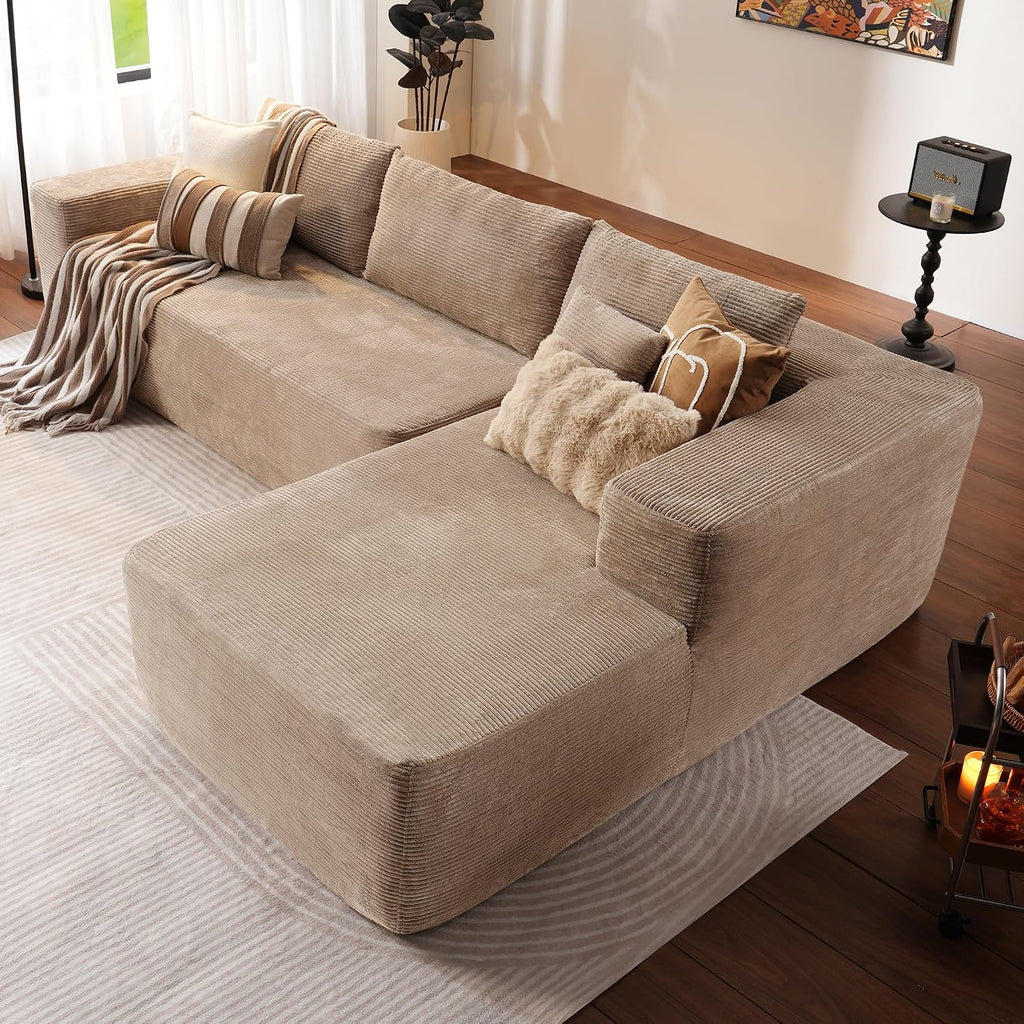 ovios 104' Cloud Boneless Couch with L-Shape Chaise,Modern Sectional Modular Sofa with Deep Seat, Upholstered Couches for Living Room Bedroom,No Assembly Required, Camel (Corduroy Fabric)