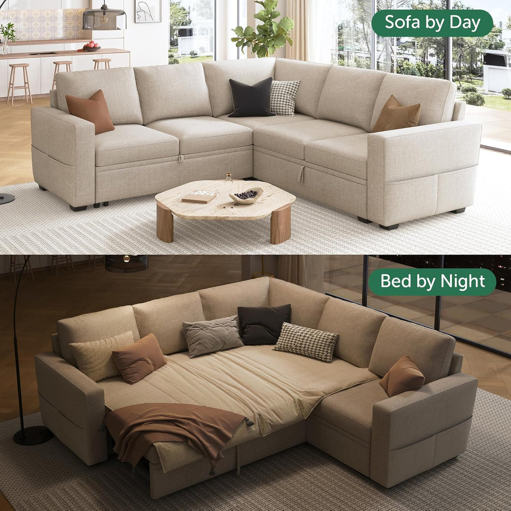 HONBAY Modular Sectional Sleeper Sofa with Pull Out Bed, L Shaped Couch with Storage Seat, Convertible Sectional Couches for Living Room, Beige