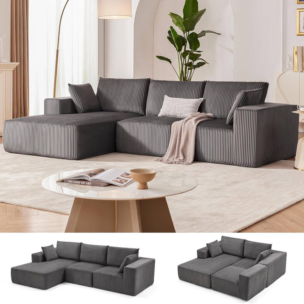 108' Modular Sectional Sofa, Cloud Sectional Couch with Deep Seat, Upholstered Boneless Couches for Living Room Bedroom, Modern Modular L-Shape Sofa Couch with Chaise (Left Facing Chaise, Dark Gray)