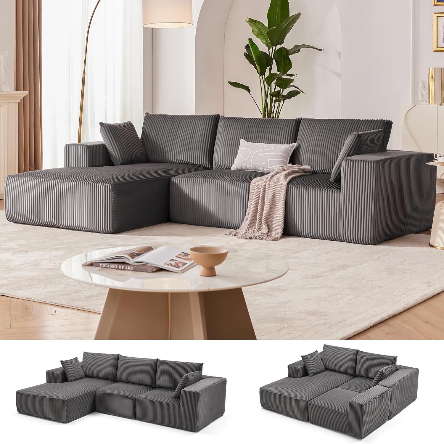 108' Modular Sectional Sofa, Cloud Sectional Couch with Deep Seat, Upholstered Boneless Couches for Living Room Bedroom, Modern Modular L-Shape Sofa Couch with Chaise (Left Facing Chaise, Dark Gray)