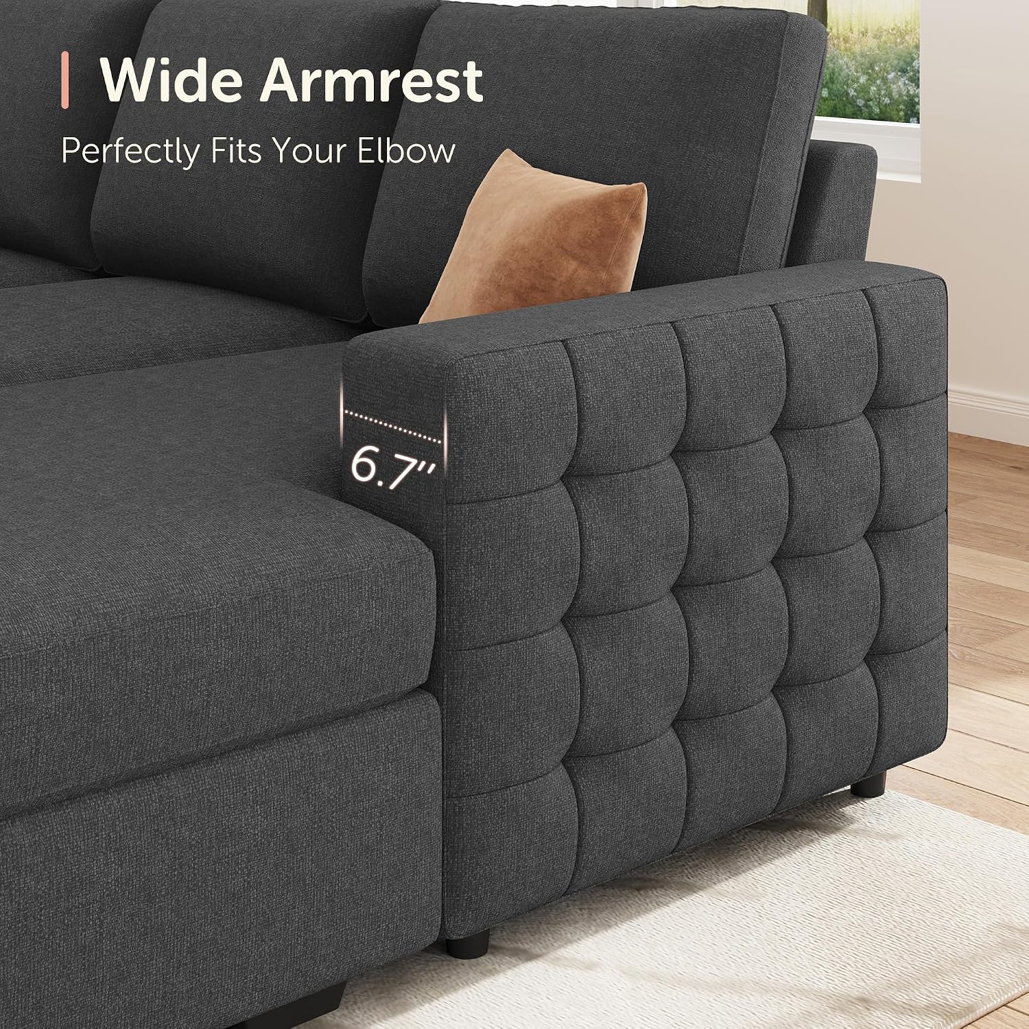 HONBAY Sectional Sleeper Sofa with Pull-Out Bed Storage Chaise, 6 Seater Couch for Living Room, Middle Grey