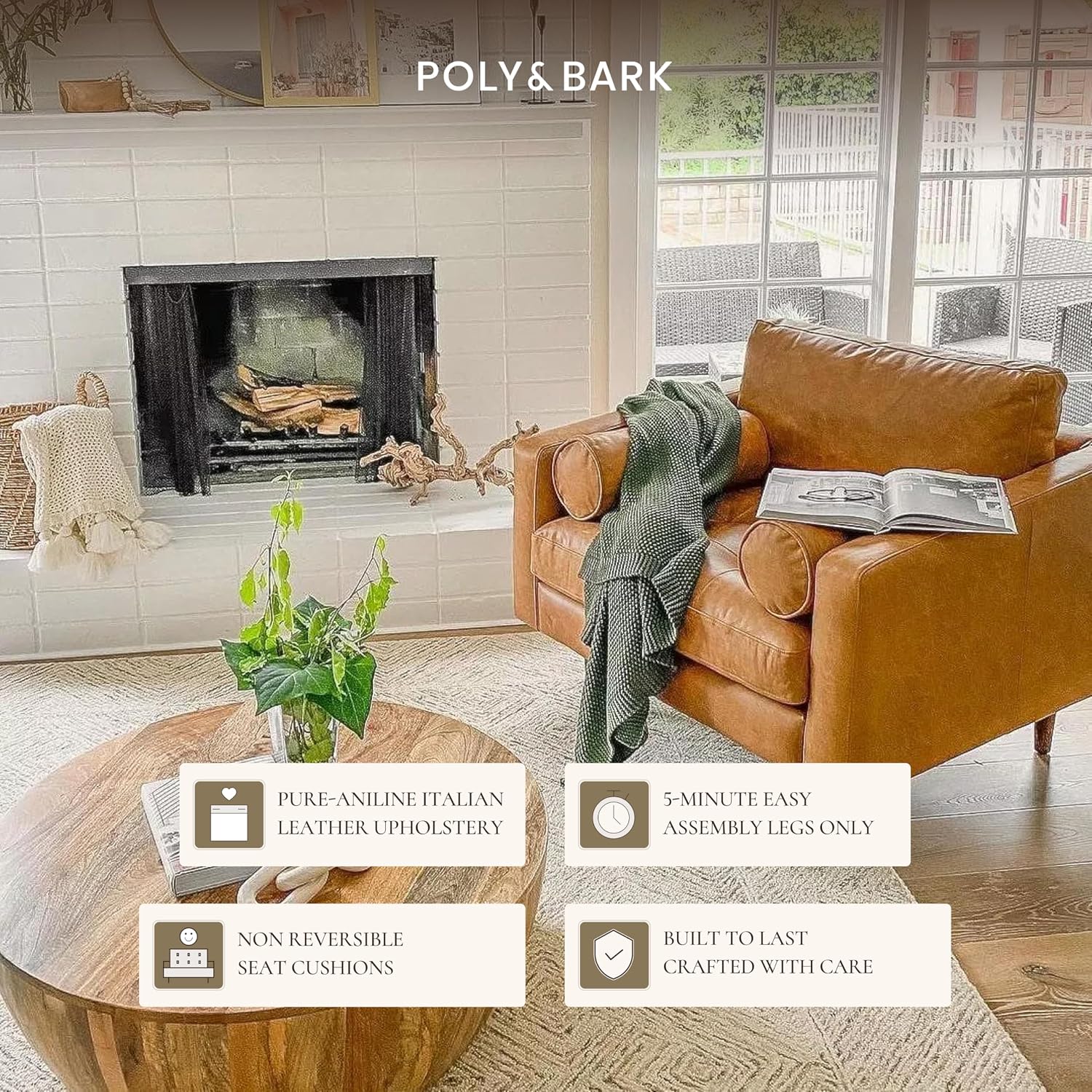 Poly & BARK Napa Leather Accent Chairs 42' – Set of 2 - Mid Century Modern Armchair with Bolster Pillows, Living Room or Bedroom Chair in Cognac Tan