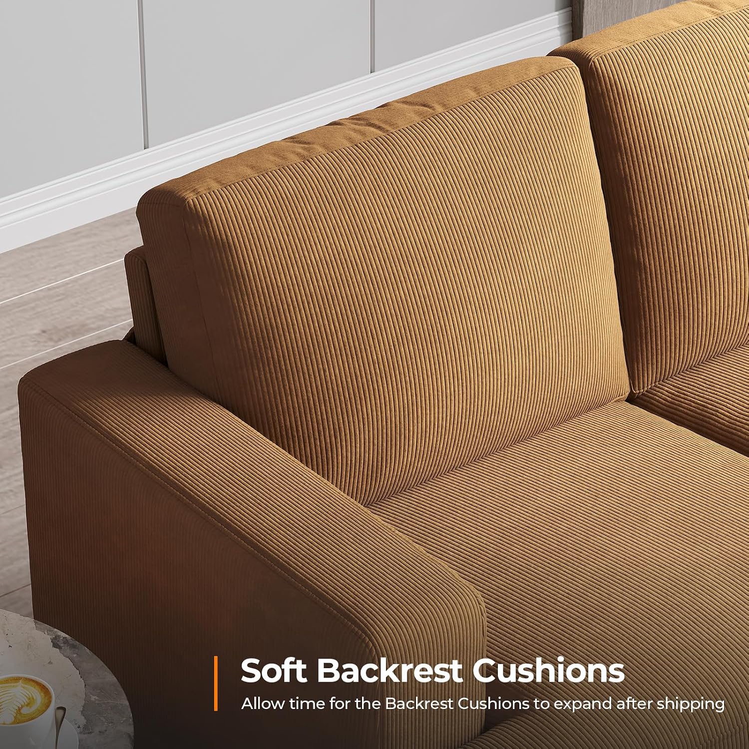 COPIAE 89 Inch Sofa with Extra Deep Seats Oversize, 3 Seater Sofa for Living Room, Modern Couch and Sofa, Comfy Armrests and Seats and Backrests, Easy Installation, Corduroy Fabric Ginger Yellow