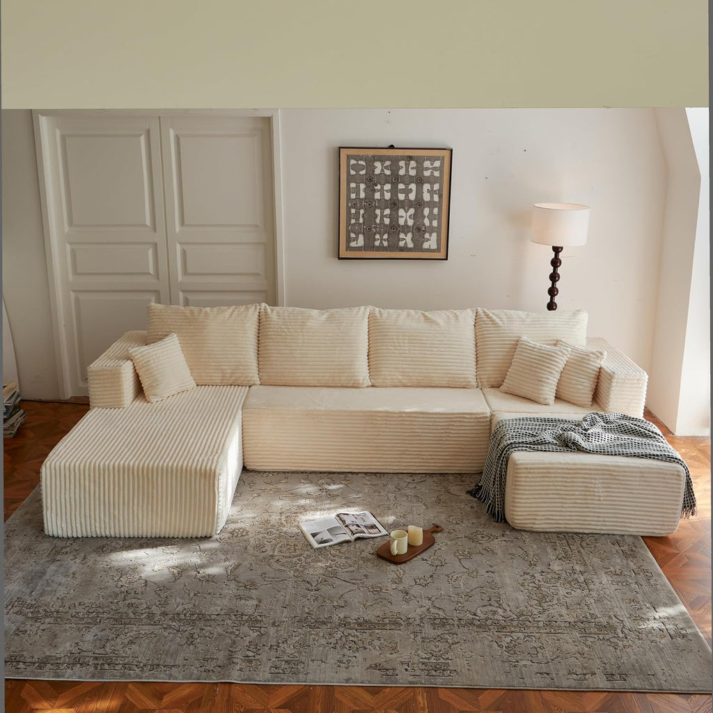 133' Modular Sectional Sleeper Sofa, Modern Cloud Sectional Sofa Couch with Ottoman and Storage, U Shape Boneless Couches for Living Room, Free Combination, No Assembly Required,Beige