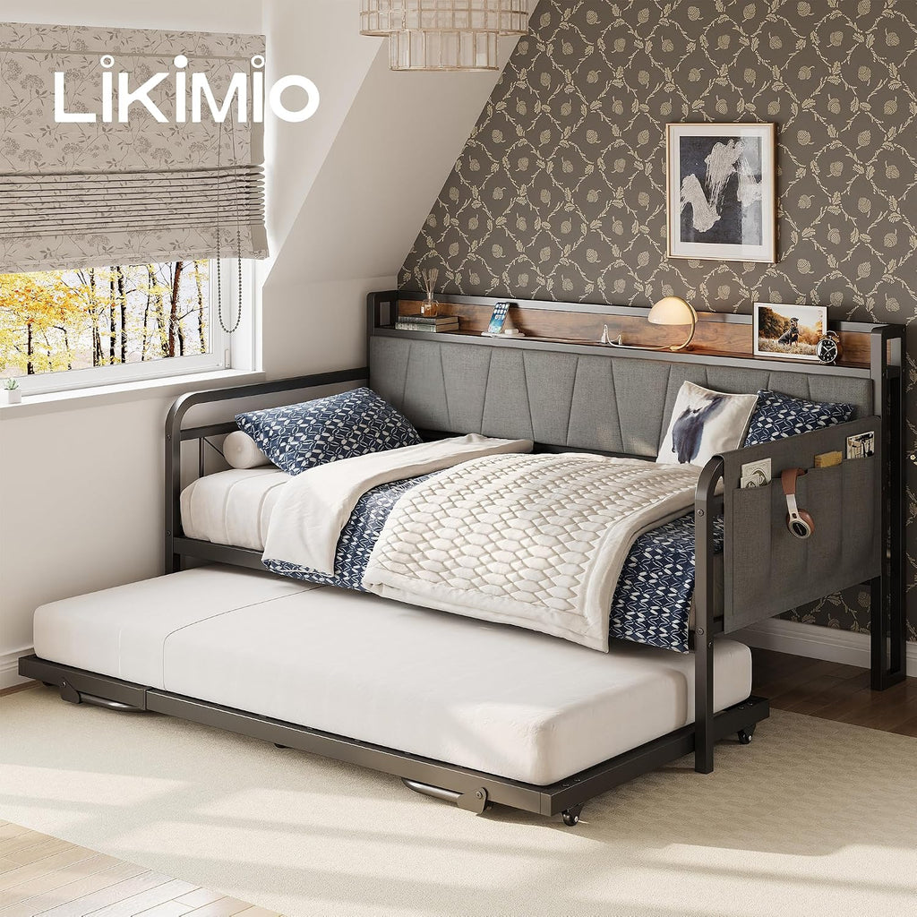 LIKIMIO Twin Daybed, Day Bed with Trundle, Storage Upholstered Headboard and Charging Station, Trundle Bed with Strong Supports for Living Room, Bedroom, and Guest Room, Grey