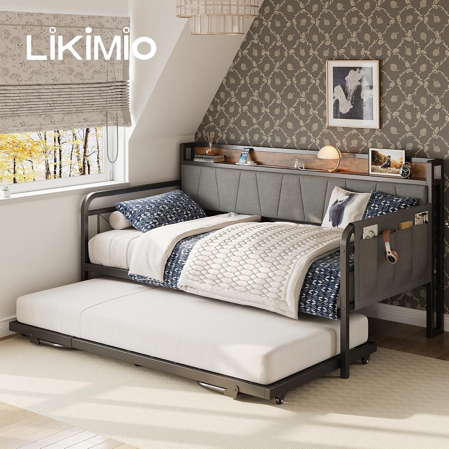 LIKIMIO Twin Daybed, Day Bed with Trundle, Storage Upholstered Headboard and Charging Station, Trundle Bed with Strong Supports for Living Room, Bedroom, and Guest Room, Grey