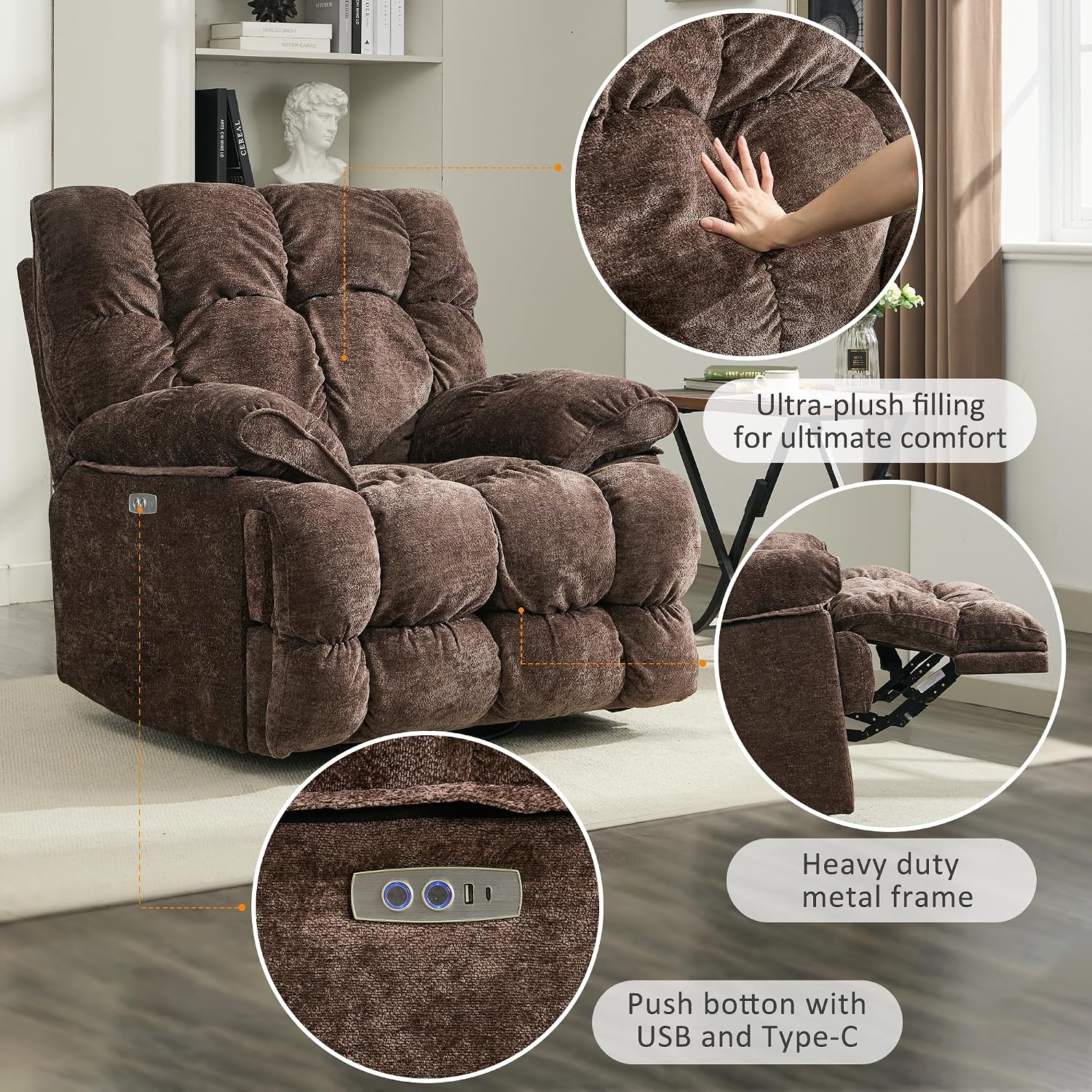 Oversized Recliner Chair, Overstuffed Swivel Rocker with Extra Wide Seat & Breathable Fabric for Living Room (Power, Brown)