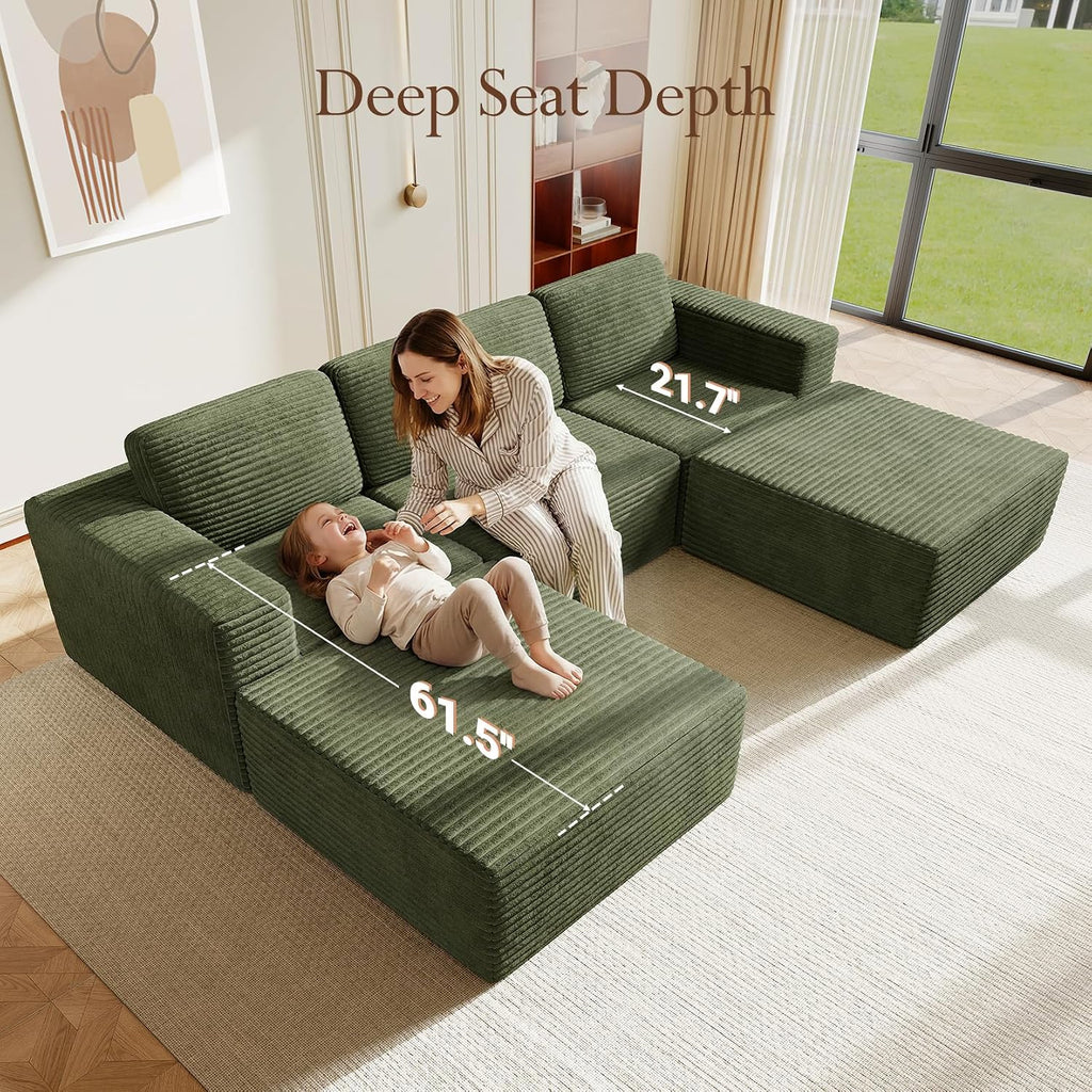 Vesgantti 119' Oversized U-Shaped Modular Sectional Sofa, Corduroy Cloud Couch with Deep Seating & Spring Support, Convertible Sofa with 2 Ottomans, Boneless Couch, No Assembly Required, Green