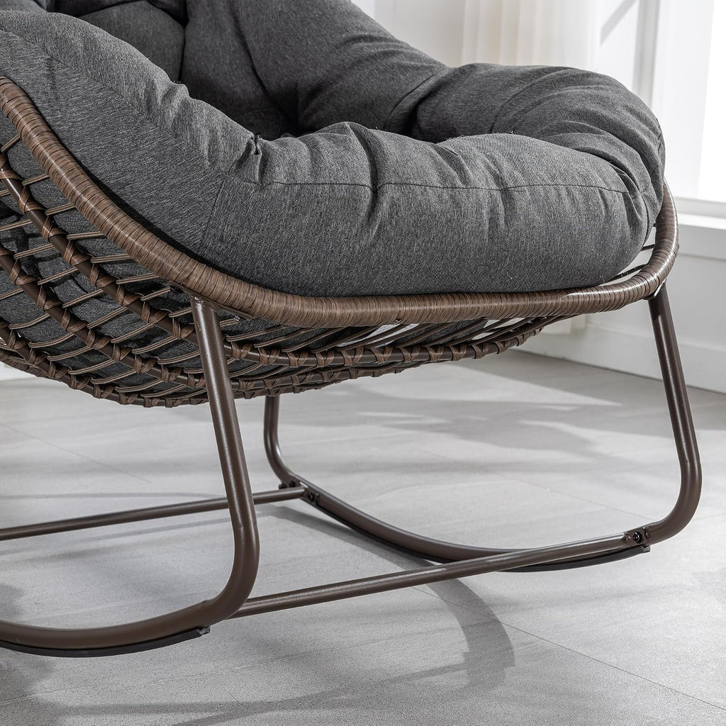 Rattan Outdoor Rocking Chair, Wicker Patio Egg Rocking Chair with Detachable Cushion, Indoor Papasan Chair for Living Room, Garden, Patio, Gray