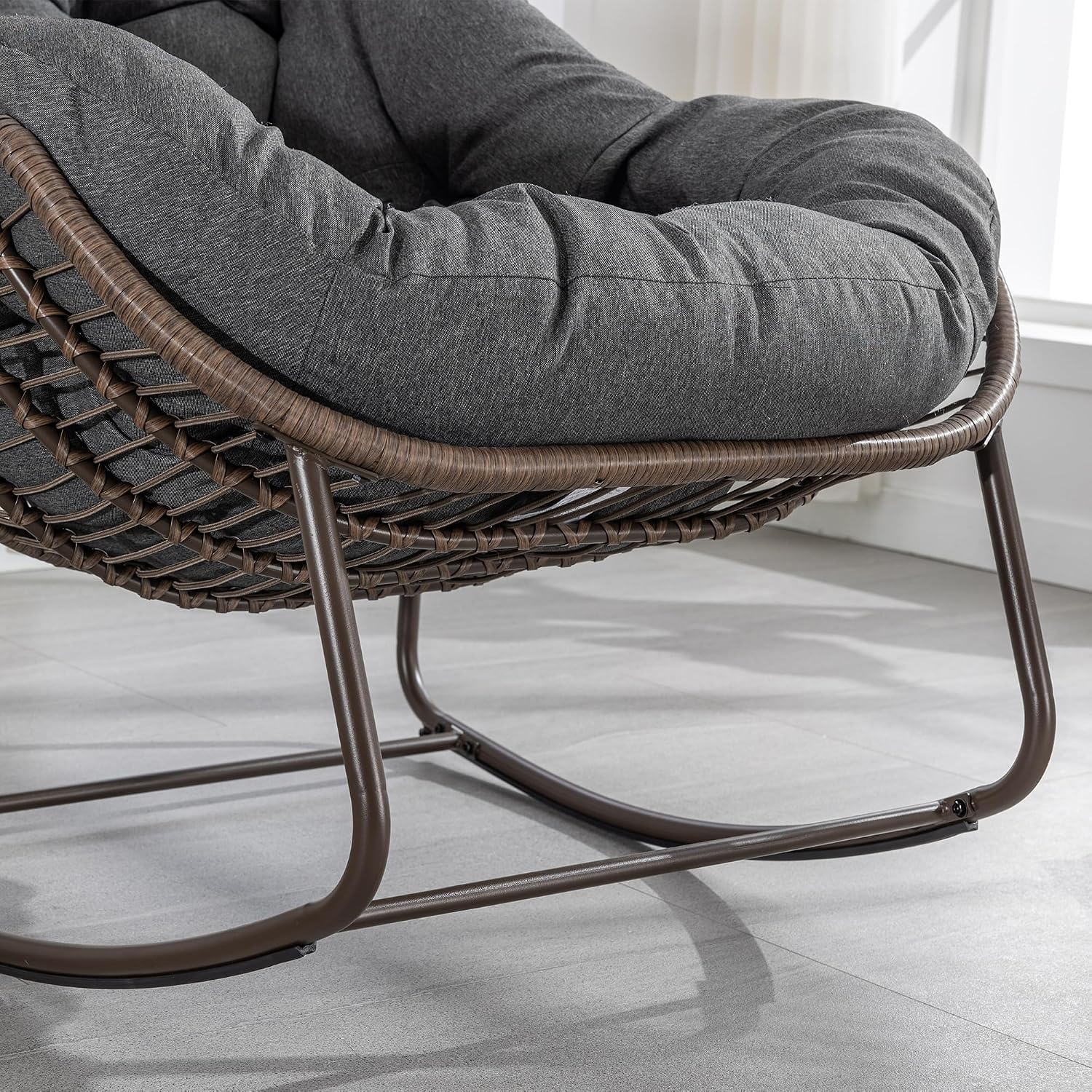Rattan Outdoor Rocking Chair, Wicker Patio Egg Rocking Chair with Detachable Cushion, Indoor Papasan Chair for Living Room, Garden, Patio, Gray