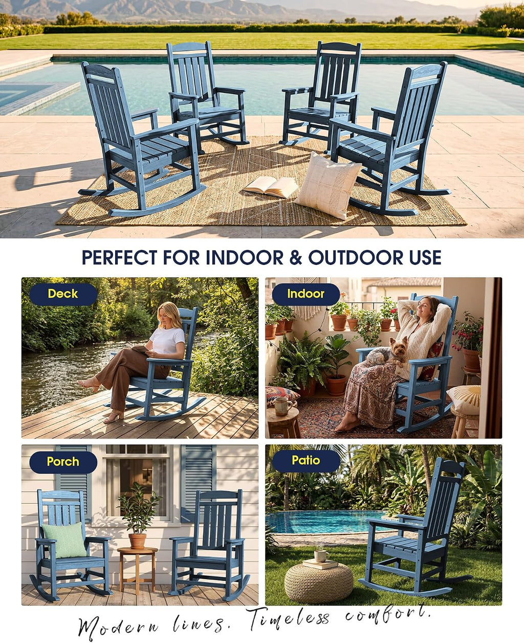 KINGYES Oversized HDPE Patio Rocking Chair Set of 2, Outdoor Rocking Chairs Porch Rocker for Adults, Navy