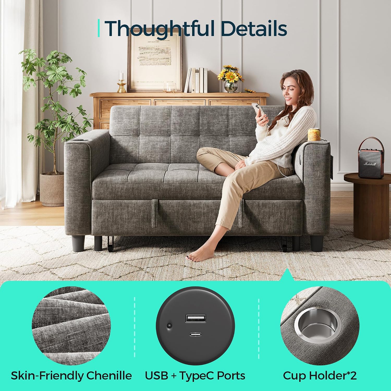 LINSY 54' Pull Out Couch with Charging Station, Small Sleeper Sofa Bed with Cup Holder, 3 in 1 Convertible Loveseat Sleeper Couch for Apartment, Dorm Room, Bedroom and Small Space, Gray