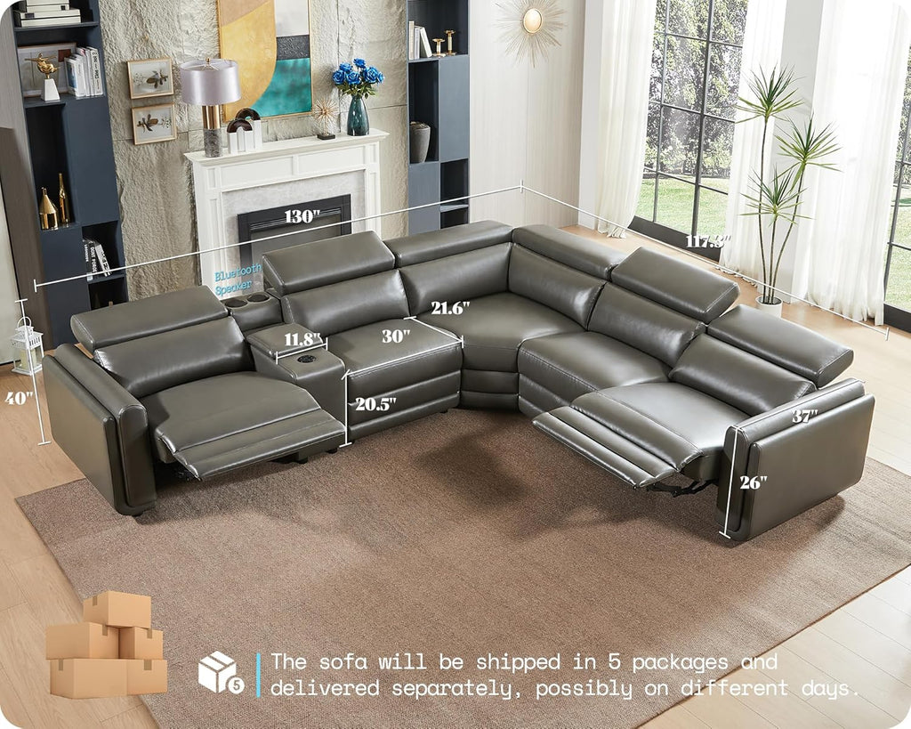 Amerlife Power Recliner Sectional Sofa, Reclining Sofa with Storage/USB Port, Leather Recliner Sofa with Adjustable Headrest, 5 Seats Reclining Sectional Couches with Console and Cup Holder, Dark Grey