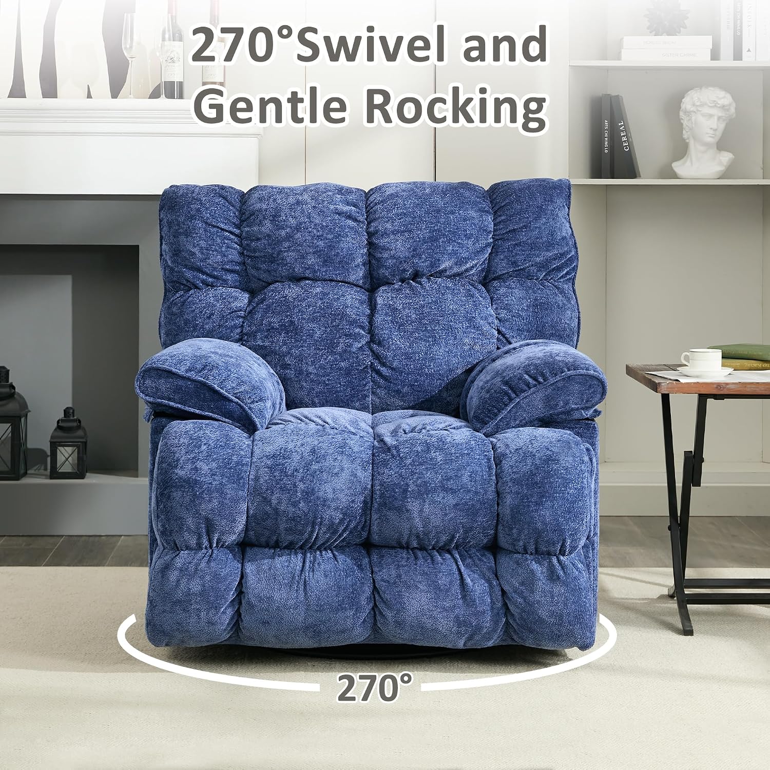 Oversized Recliner Chair, Overstuffed Swivel Rocker with Extra Wide Seat & Breathable Fabric for Living Room (Power, Blue)