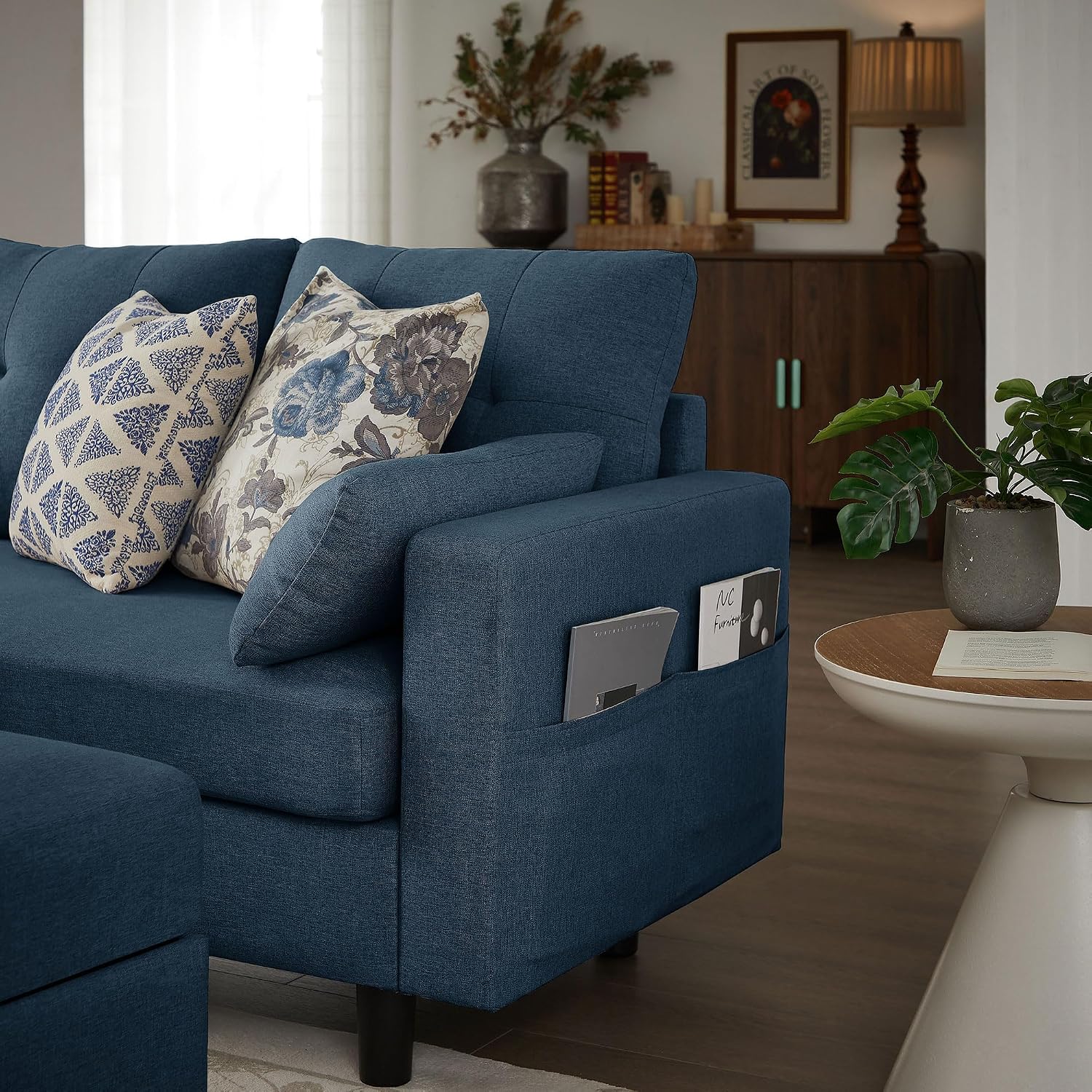 101' Sectional Sofa 4 Seat U Shaped Couch with Storage Ottoman for Living Room, Reception Room ect, Combination Sectional Couch with Movable Ottoman Sets, Blue