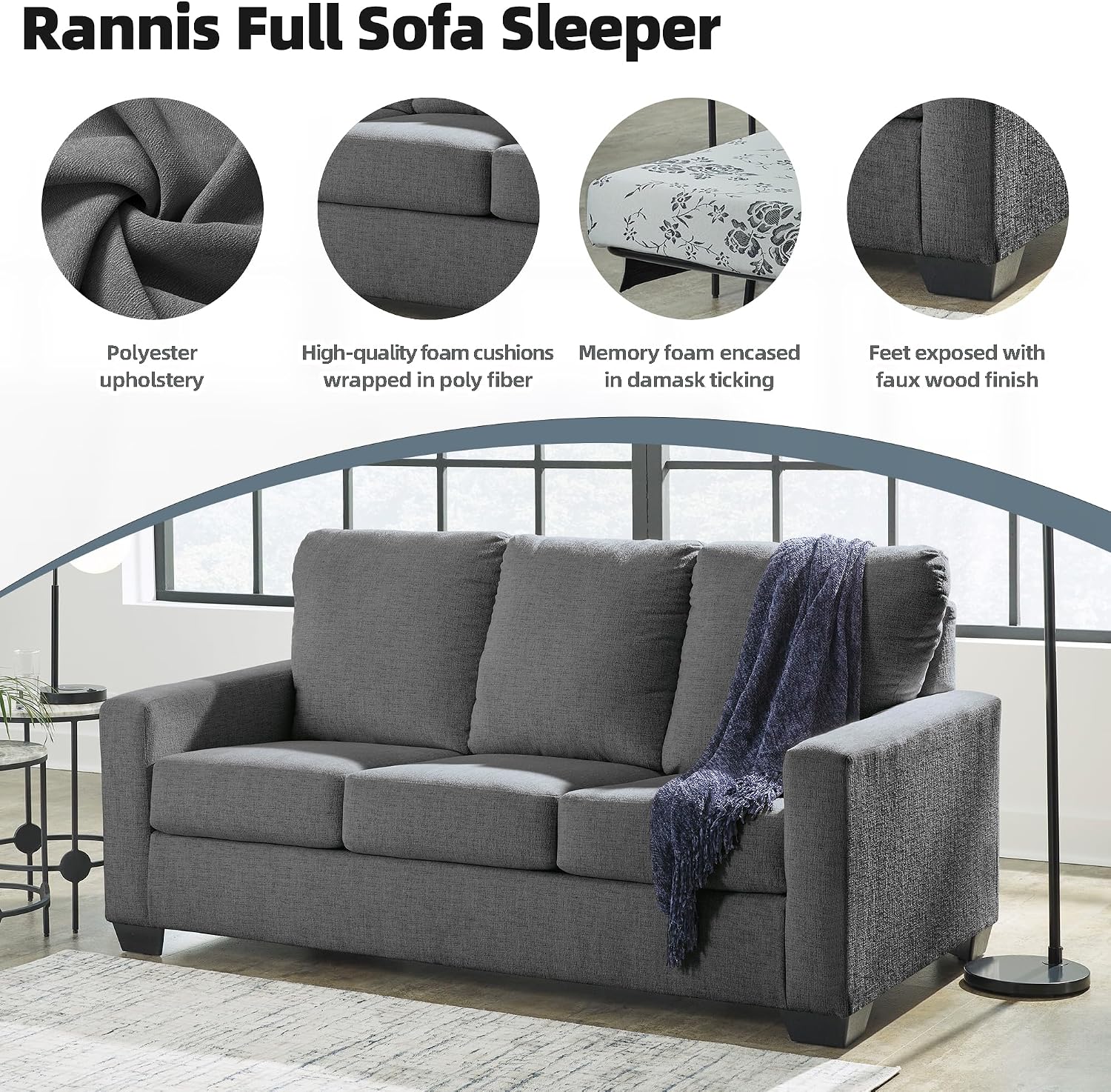 Signature Design by Ashley Rannis Casual 2-in-1 Sofa Sleeper with Folding Gel Memory Foam Mattress, Full, Gray