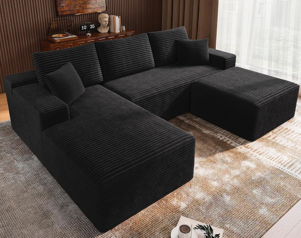 3-Piece Boneless Modular Sectional Sofa, Cloud Couch, Left Facing Chaise with Ottoman, Oversized Deep Seat, Soft Corduroy Fabric, Sectional Couch for Living Room-Black