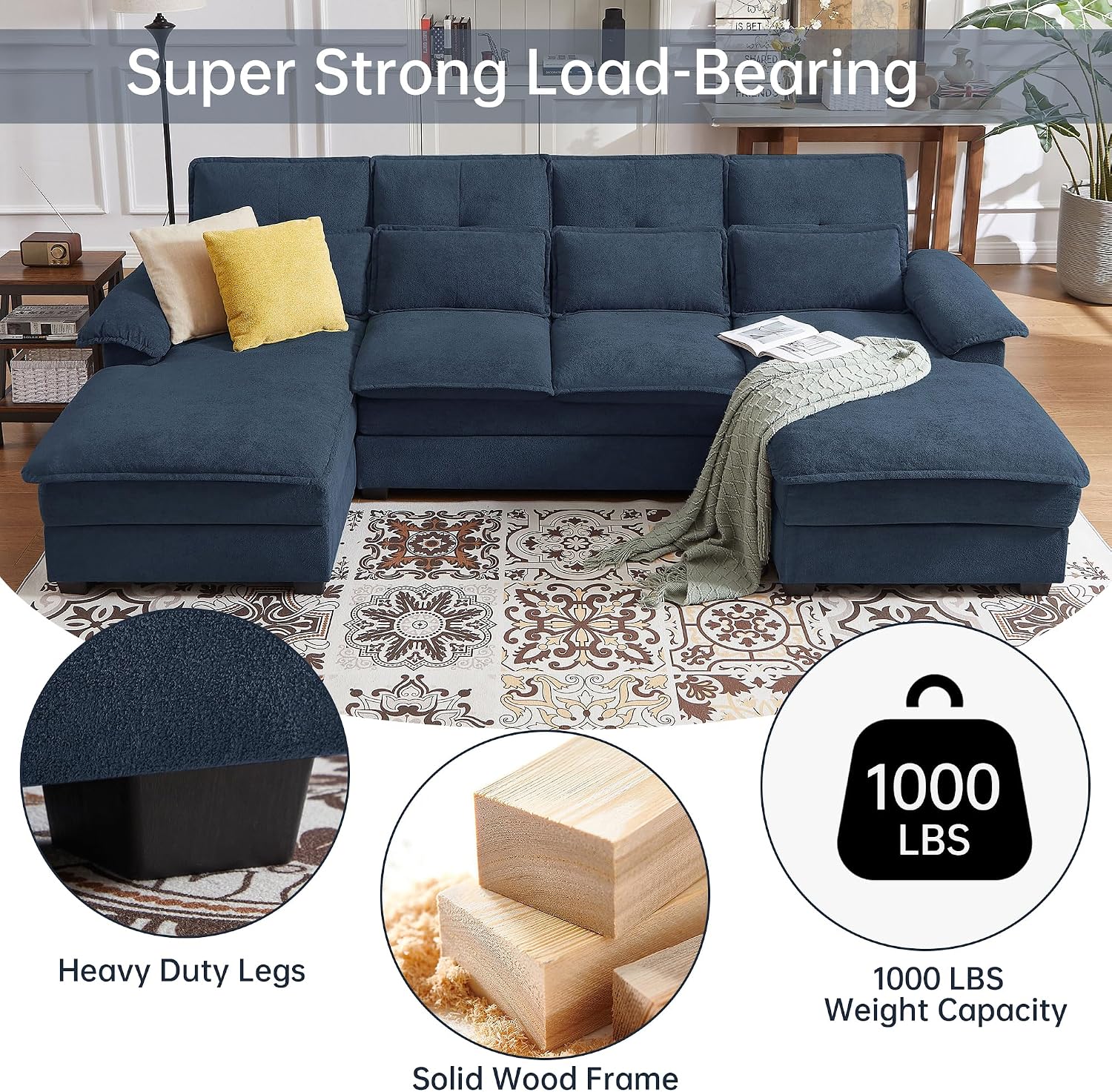 110' Comfy Cloud Couch Sectional Sofa with Lumbar Pillows, Modern U-Shaped Cloud Sofa with Double Chaise & Deep Seat for Living Room, or Office, Easy Assembly, Dark Blue