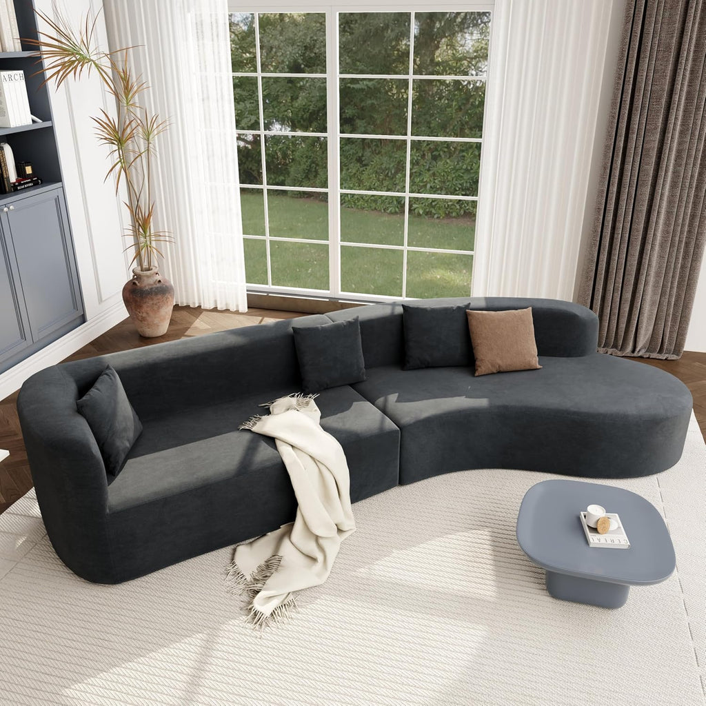 Merax Modern Minimalist Large 2-Piece Sectional Curved Chenille Sofa with 3 Pillows and High-Density Foam for Luxurious Comfort and Seamless, for Living Room, Bedroom, Grey