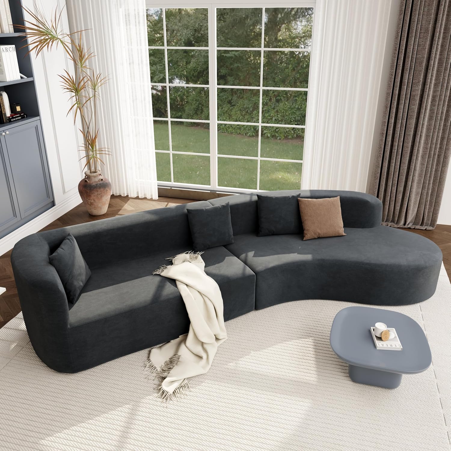 Merax Modern Minimalist Large 2-Piece Sectional Curved Chenille Sofa with 3 Pillows and High-Density Foam for Luxurious Comfort and Seamless, for Living Room, Bedroom, Grey
