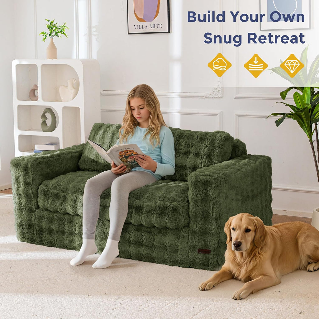 MAXYOYO Loveseat Sofa for Living Room, Small Sofa Couch Tufted Boneless Couch, Comfy Bean Bag Chair for Small Space Bedroom Apartment, No Assembly Needed, Green