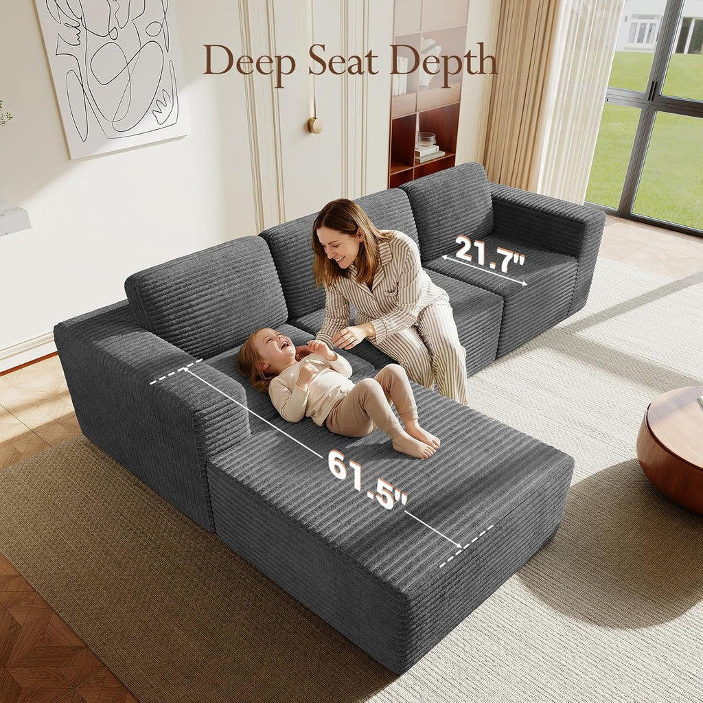 Vesgantti 119' L-Shaped Modular Sectional Sofa, Corduroy Cloud Couch with Deep Seating & Spring Support, Flexible Layout Sofa with Ottoman, Boneless Style, No Assembly Required, Grey
