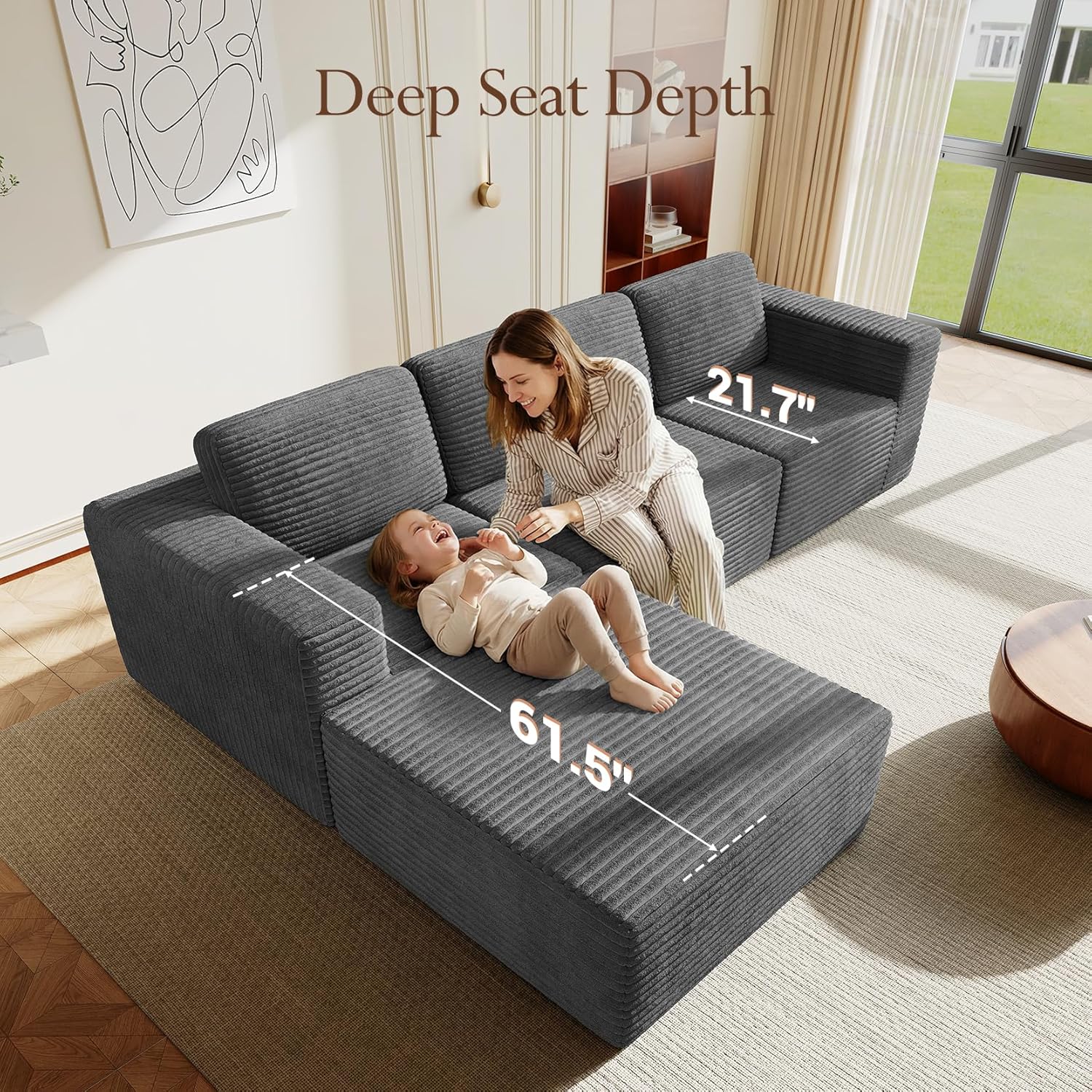 Vesgantti 119' L-Shaped Modular Sectional Sofa, Corduroy Cloud Couch with Deep Seating & Spring Support, Flexible Layout Sofa with Ottoman, Boneless Style, No Assembly Required, Grey