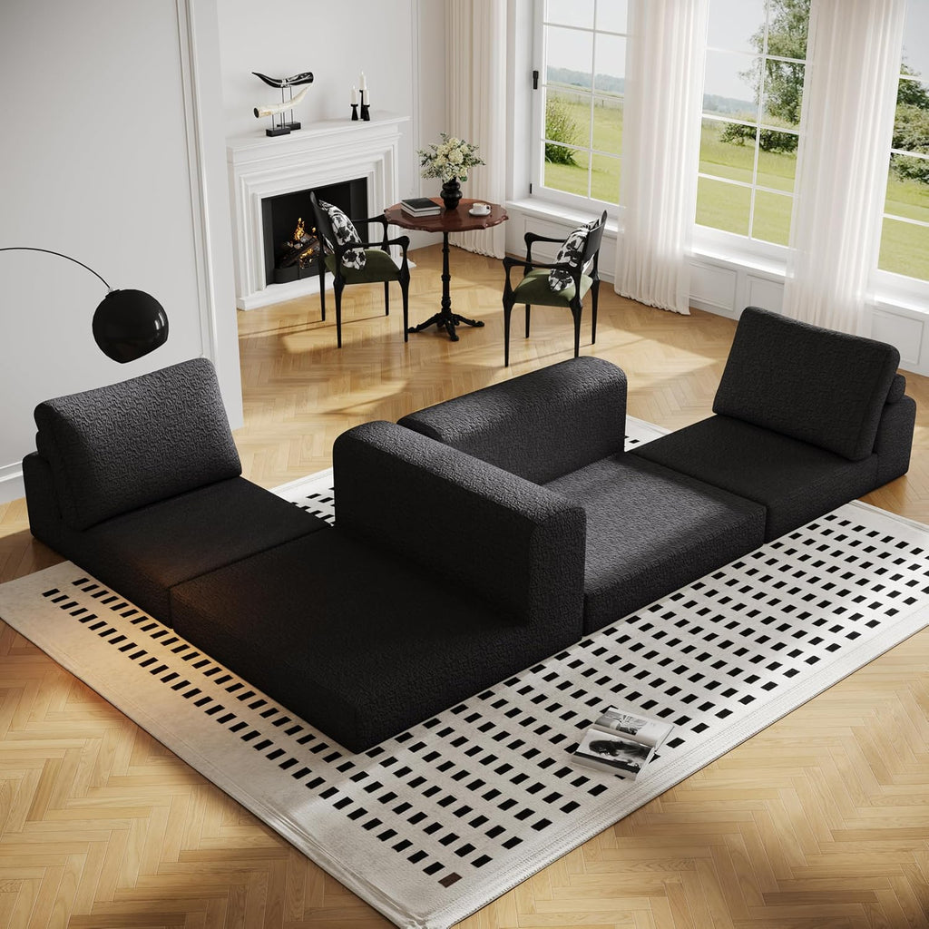 Cloud Modular Sectional Sofa, DIY Combination Modular Couch for Living Room, Unique Knitted Fabric Love Seat Couches with 2 Pillows, 2 Seater Comfy Sectional Couch with No Assembly (Black)