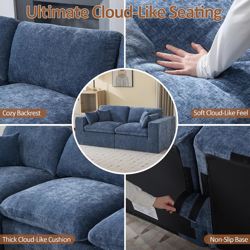 83''Cloud Boneless Sectional Couch, Modular Sectional Sofa Deep Seat, Upholstered Convertible Comfy Loveseat Chenille Memory Foam Sofa Couches for Living Room, Blue