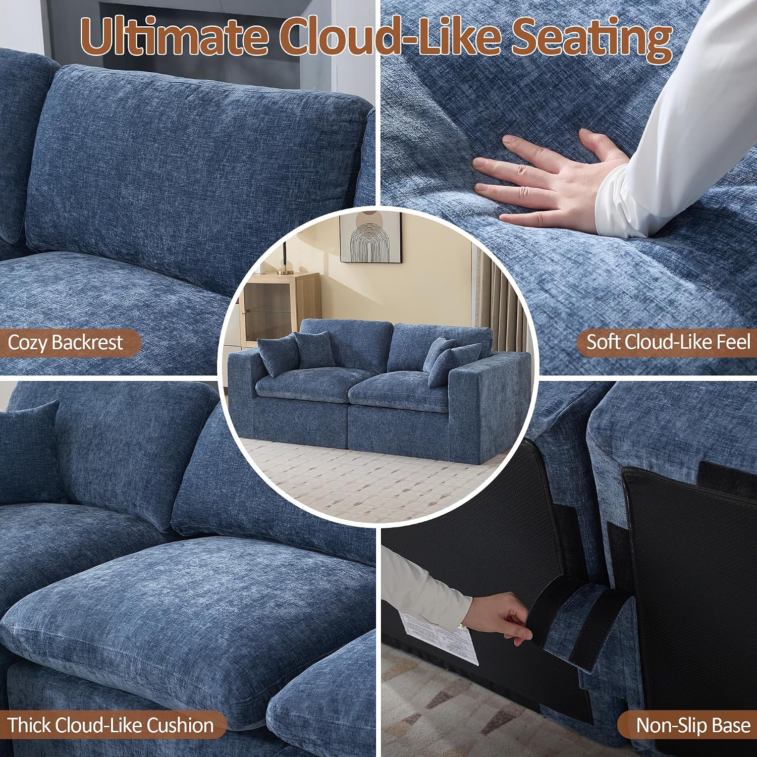 83''Cloud Boneless Sectional Couch, Modular Sectional Sofa Deep Seat, Upholstered Convertible Comfy Loveseat Chenille Memory Foam Sofa Couches for Living Room, Blue