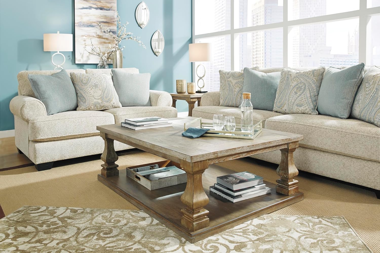 Signature Design by Ashley Monaghan Vintage Loveseat with Accent Pillows, Reversible Cushions and Rolled Arms, Beige