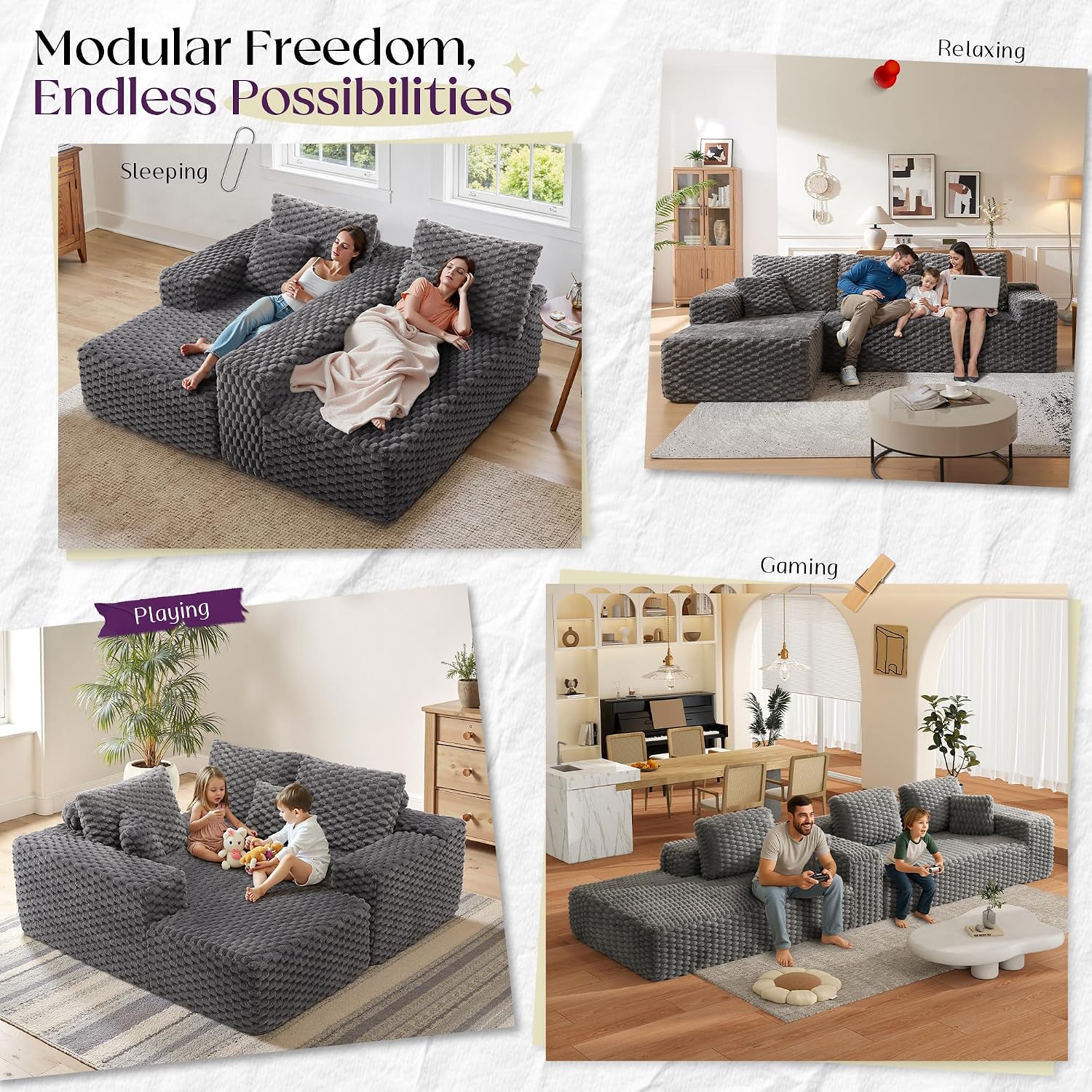 VanAcc 106'' Oversized Modular Sectional Sofa, Deep Seat Cloud Couch with Corduroy Upholstery, L Shaped Boneless Sofas, Easy No-Assembly Lounge Couches for Living Room, Grey