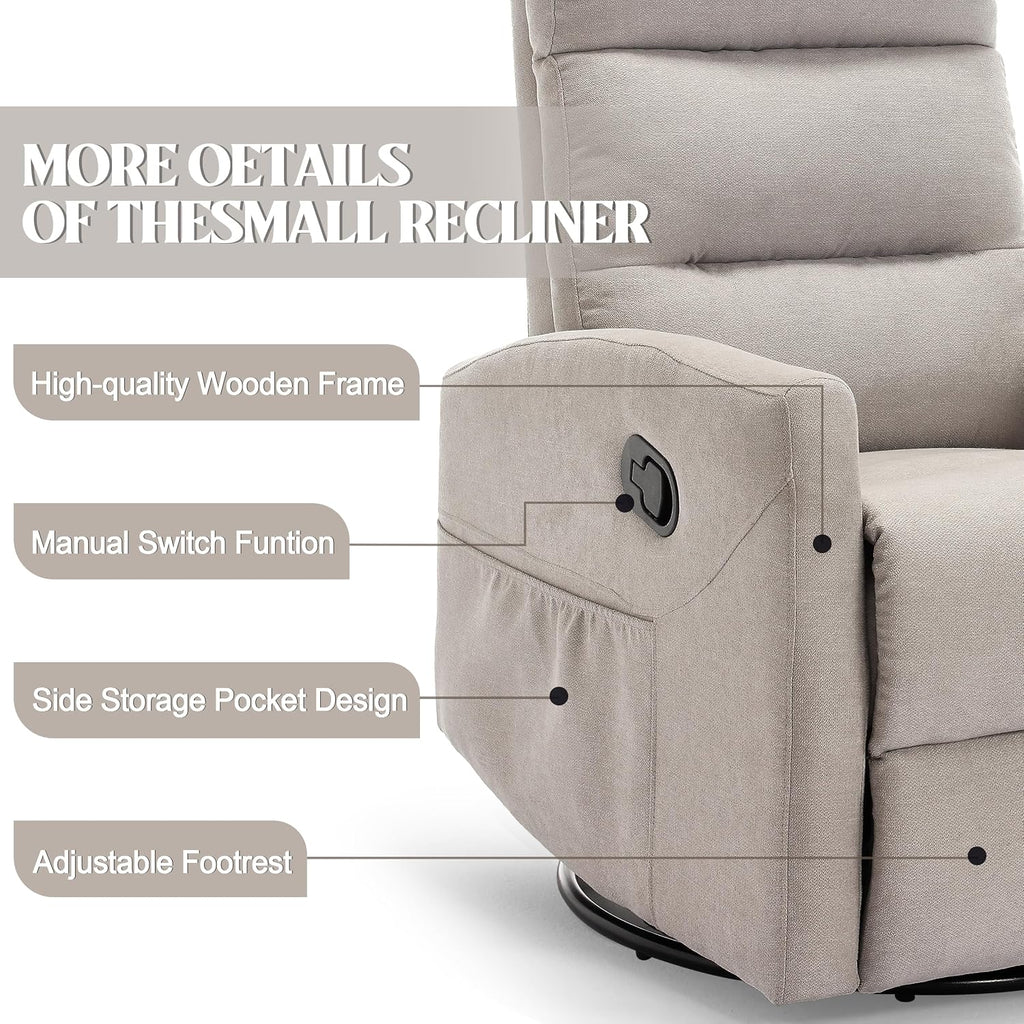 PELUMY Manual Recliner Chair, 360° Swivel Glider and Rocker Recliner with 155° Recline, Compact Fabric Recliner for Small Space, Nursery, Living Room, Bedroom, No Tools Assembly (Light Grey)