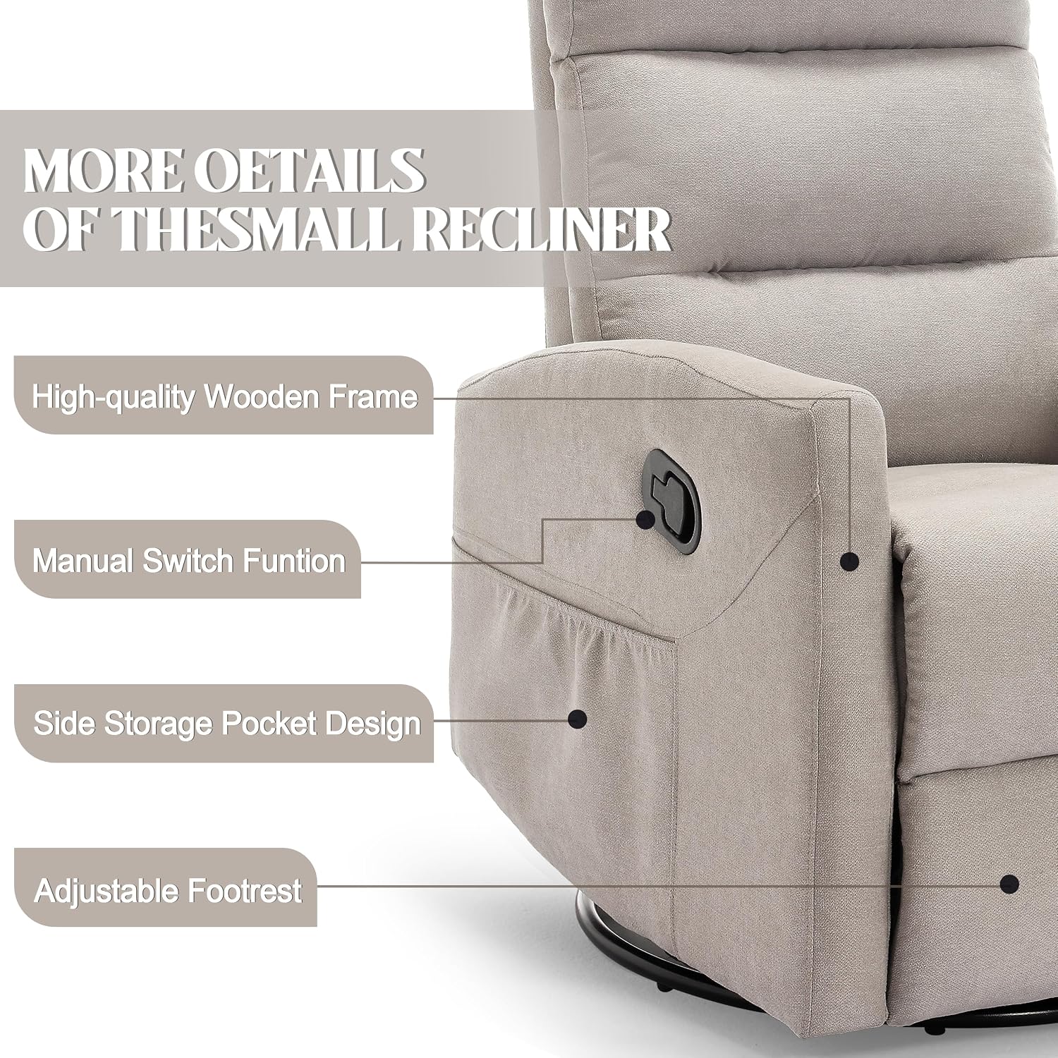 PELUMY Manual Recliner Chair, 360° Swivel Glider and Rocker Recliner with 155° Recline, Compact Fabric Recliner for Small Space, Nursery, Living Room, Bedroom, No Tools Assembly (Light Grey)