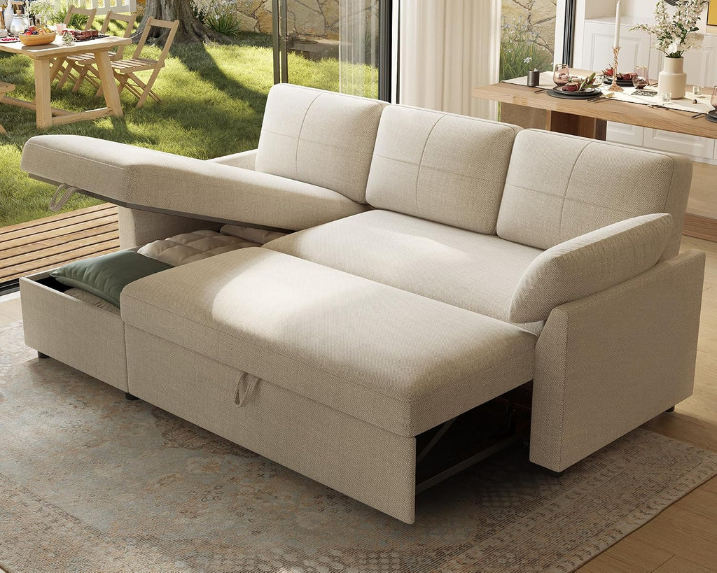 AMERLIFE Sofa Bed, 2-in-1 Sleeper Sofa with Storage Chaise, Pull Out Sofa Couch for Apartment Living Room, Linen Beige