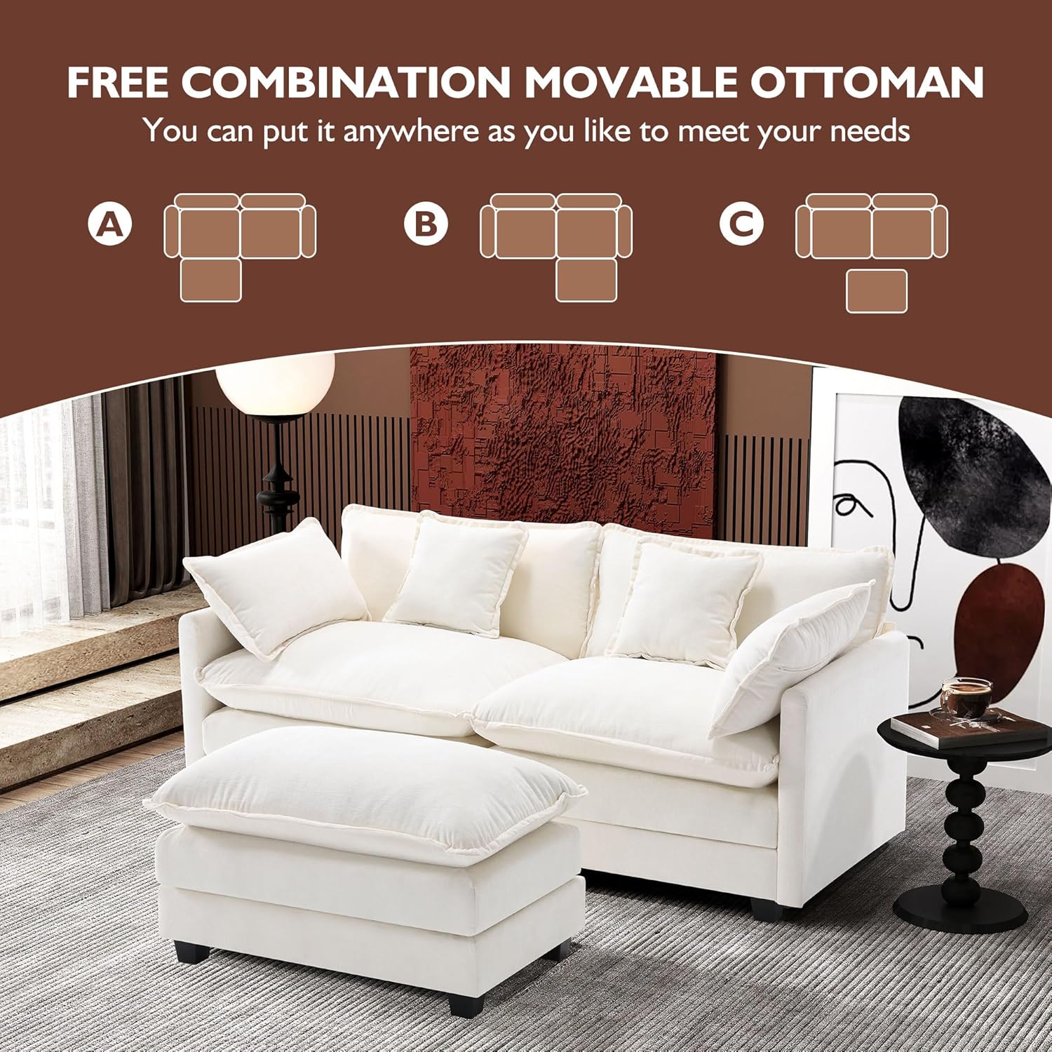 Ihanherry 77' L Shaped Modern Sofa Modular Sectional Cloud Couch with Ottoman, 3-Seat Chenille Deep Seat Sofa with Pillow for Living Room, Bedroom and Apartment, Beige