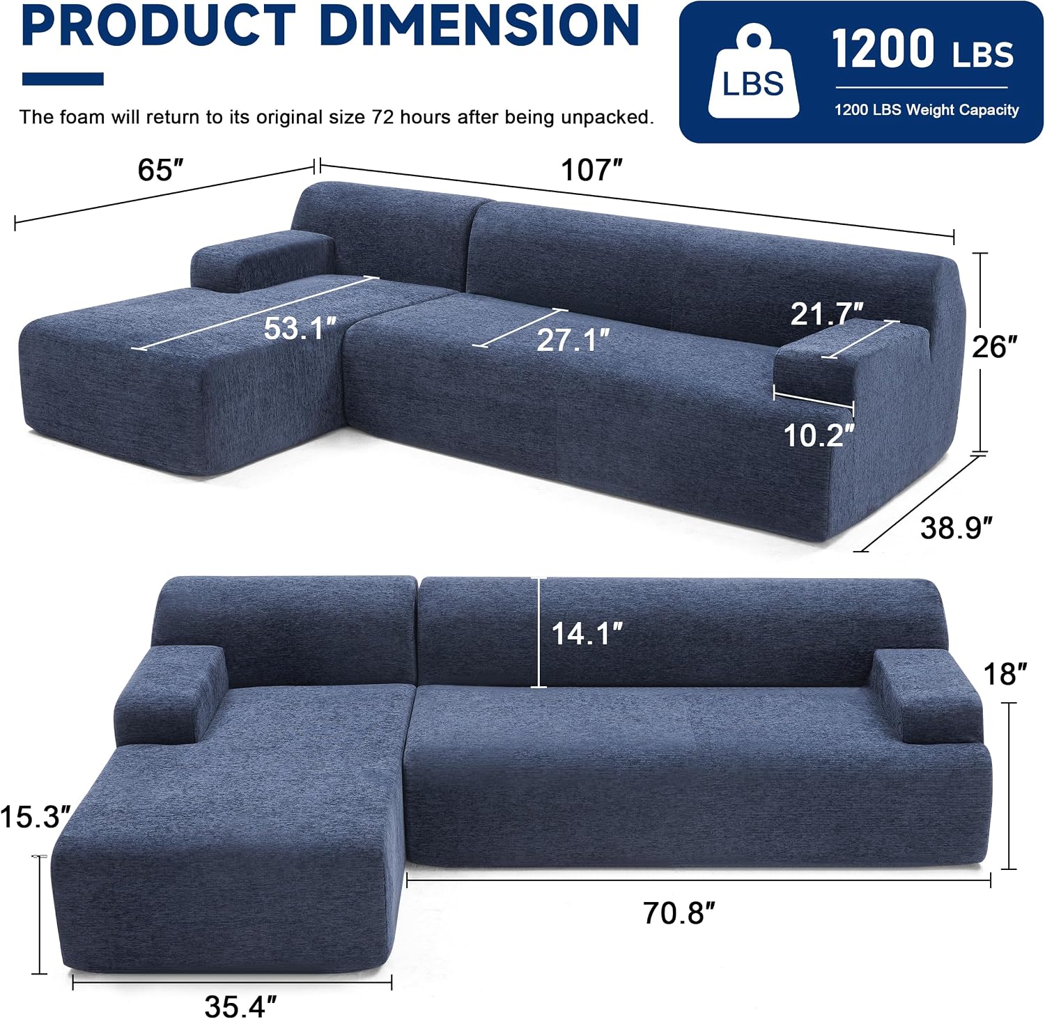 Huatean Home 107' Chenille Modular Sectional Sofa, L-Shape Couches for Living Room, Modern Sofa Couch for Living Room, High Density Sponges Cloud Couch Sectional, Blue