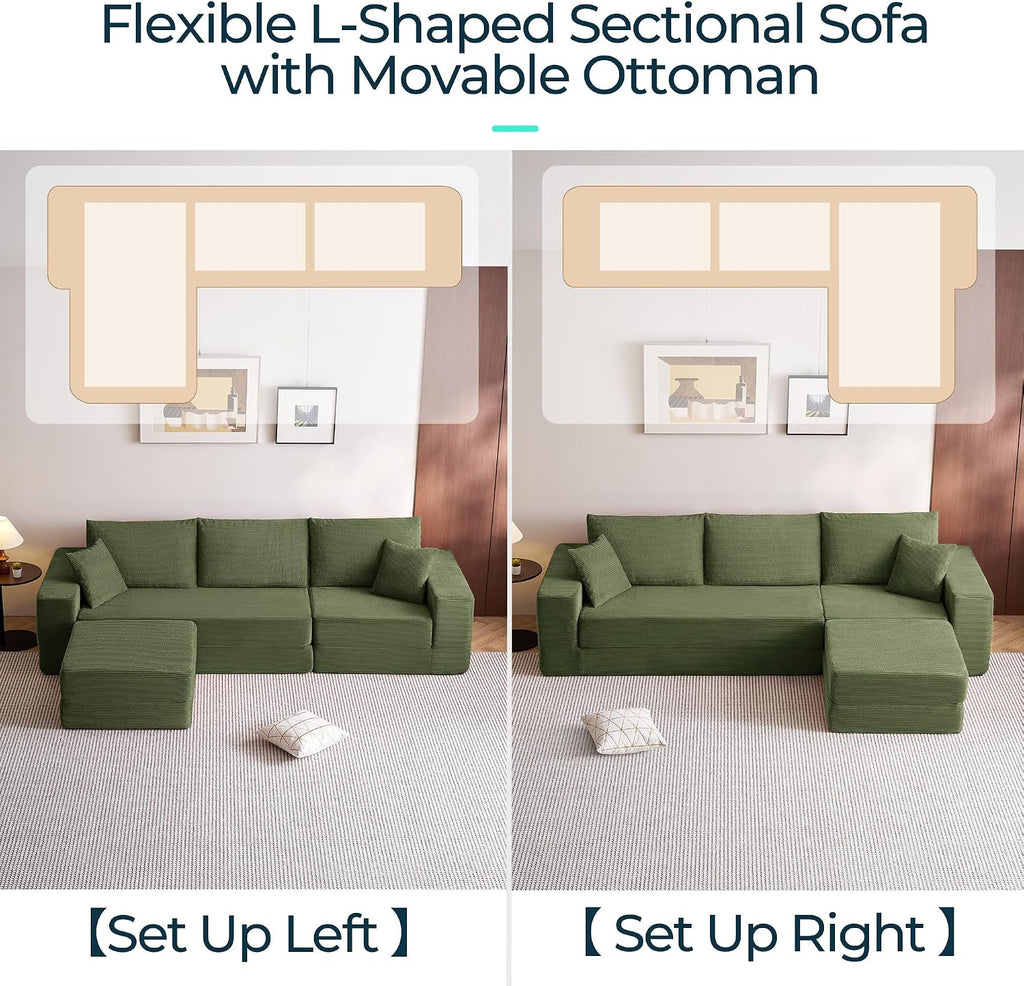 LINSY HOME Oversized Convertible Sofa Bed with 2 Pillows & Ottoman, Corduroy Boneless Couch Folding Modular Sleeper Sofa, L Shaped Couch Floor Sofa for Living Room Apartment, Upgrade Backrest (Green)