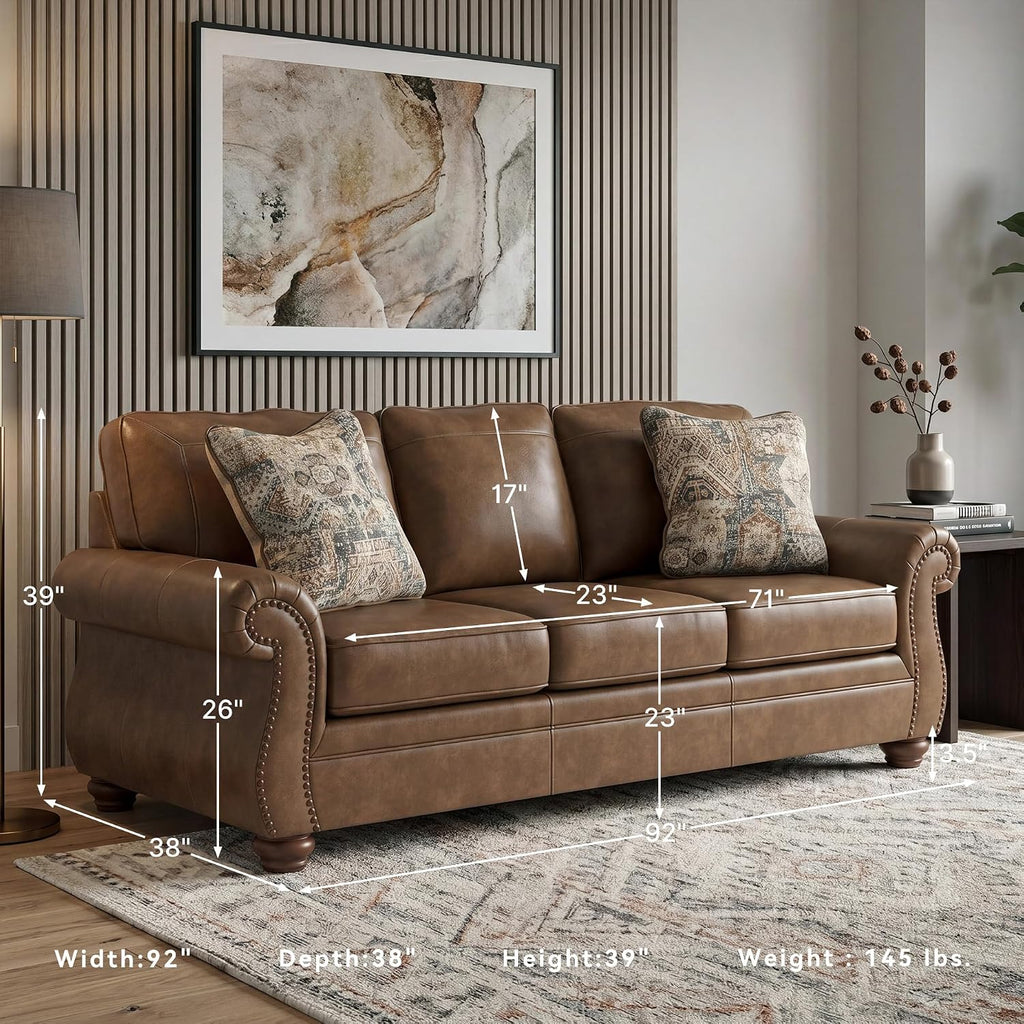 Signature Design by Ashley Shadsburne Rustic Faux Leather Sofa with Nailhead Trim and 2 Throw Pillows, Brown