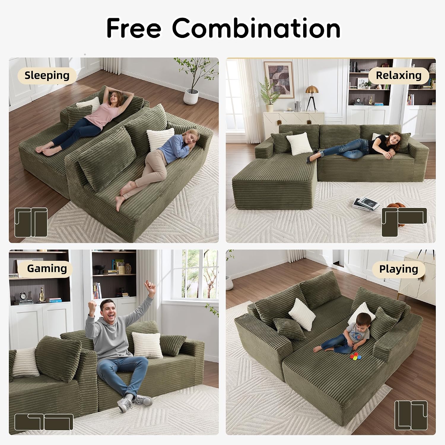 Opiesit 108' Boneless Couches for Living Room, Modular Sectional Sofa with Oversized Chaise, L-Shape Cloud Couch with Deep Seat, High-Density Memory Foam, No Assembly Required, Plush Corduroy Green