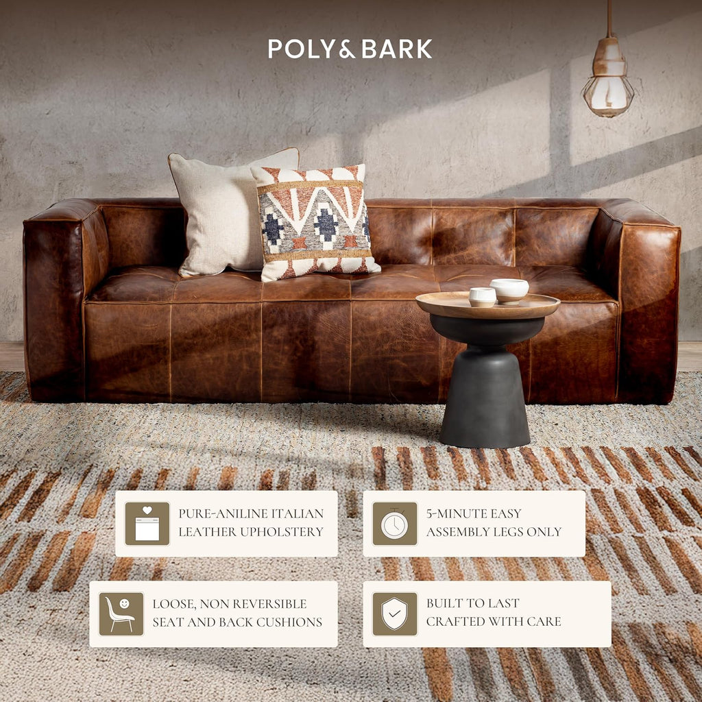 POLY & BARK Capa 96.5' Sofa – Chocolate Brown Full-Grain Pure-Aniline Italian Leather, Boxy Modern Design, Feather-Fiber Cushions, Solid Wood Frame