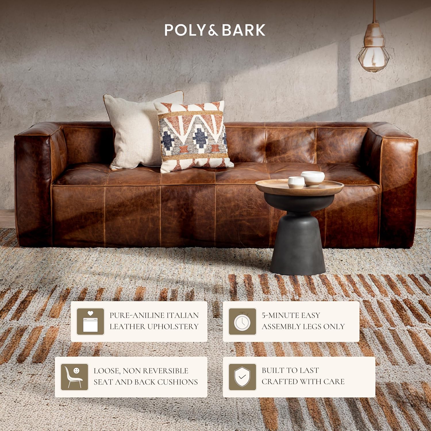 POLY & BARK Capa 96.5' Sofa – Chocolate Brown Full-Grain Pure-Aniline Italian Leather, Boxy Modern Design, Feather-Fiber Cushions, Solid Wood Frame
