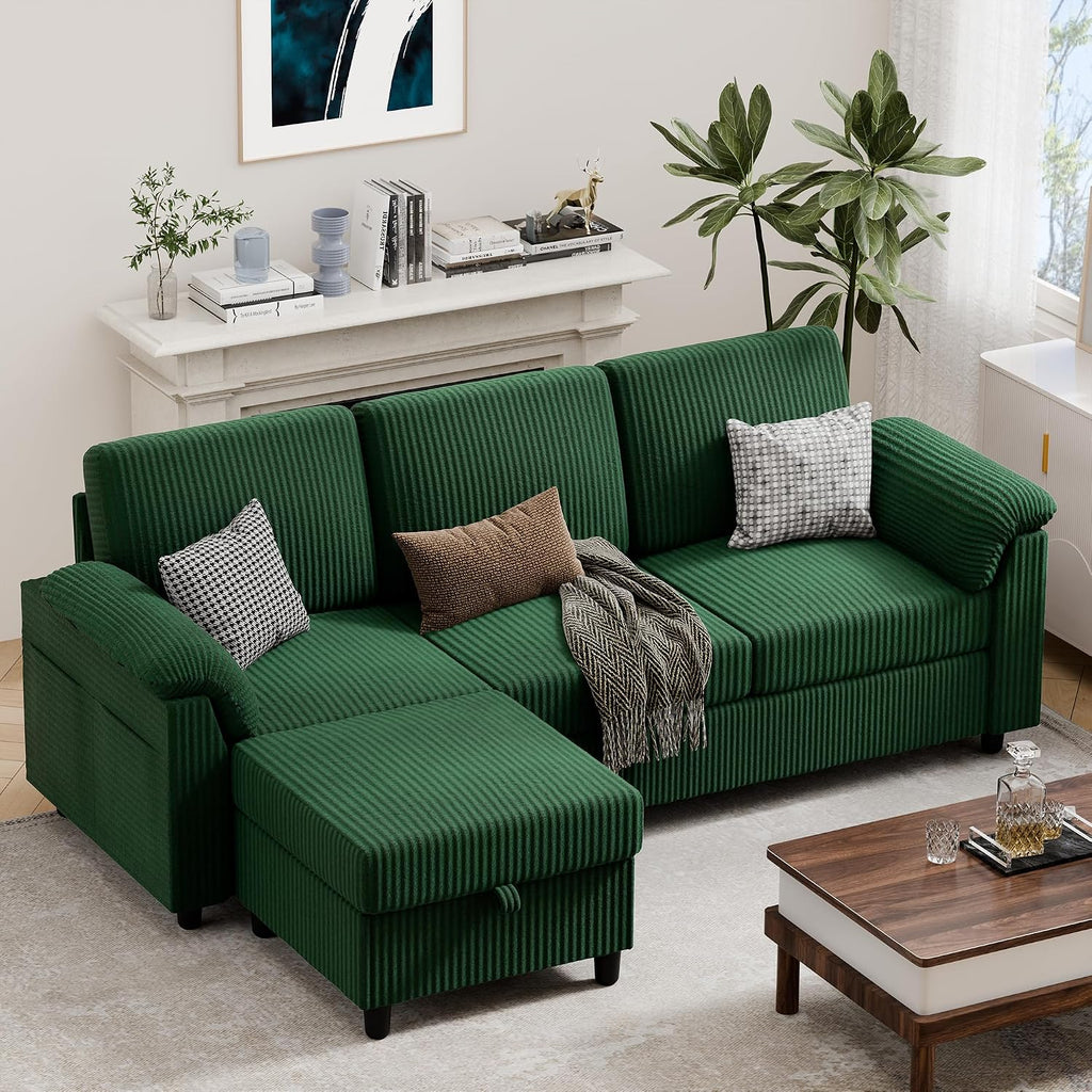 Vongrasig 79' Convertible Sectional Couch Sofa with Storage Ottoman, 3 Seat L Shaped Couch with Side Storage Pockage, Small Couches for Living Room, Apartment and Small Space (Green)