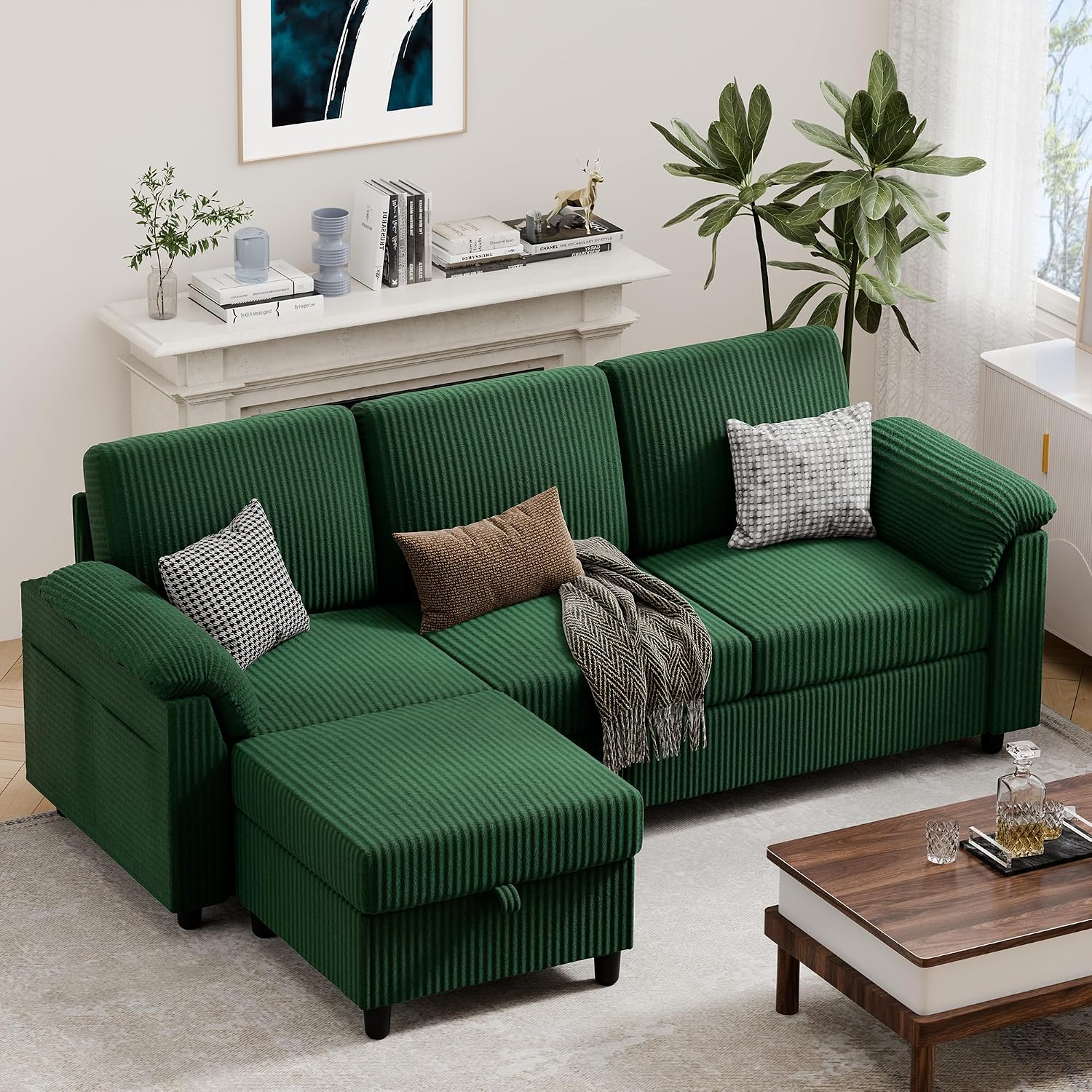 Vongrasig 79' Convertible Sectional Couch Sofa with Storage Ottoman, 3 Seat L Shaped Couch with Side Storage Pockage, Small Couches for Living Room, Apartment and Small Space (Green)