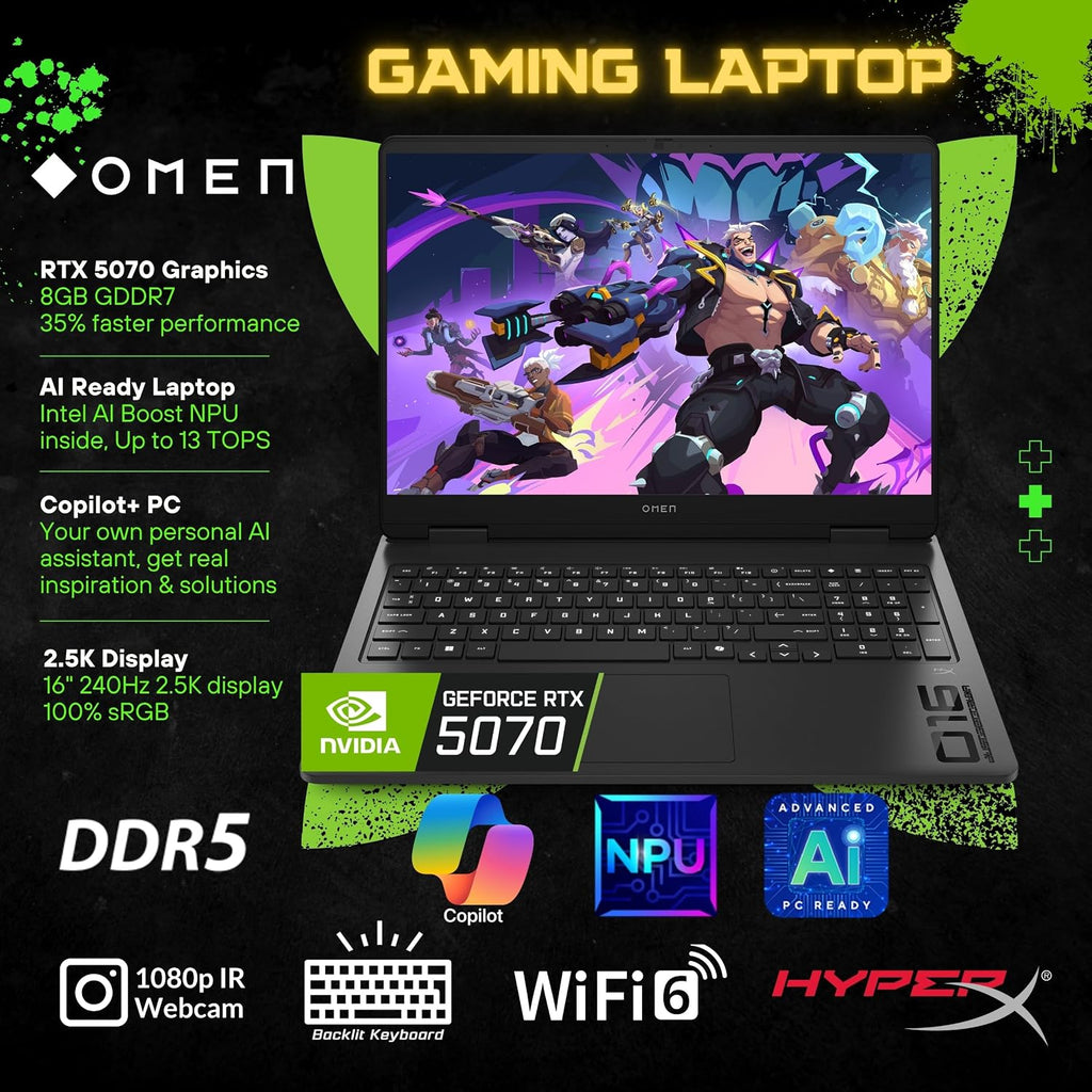 HP OMEN 16 Gaming Laptop, 16 240Hz 2.5K Display, Intel Core Ultra 9 285H(>i9-14900, 5.4GHz), GeForce RTX 5070, Copilot, AI & VR Ready, Backlit Keyboard, Windows 11 Pro, Black(32GB DDR5 RAM | 1TB SSD)