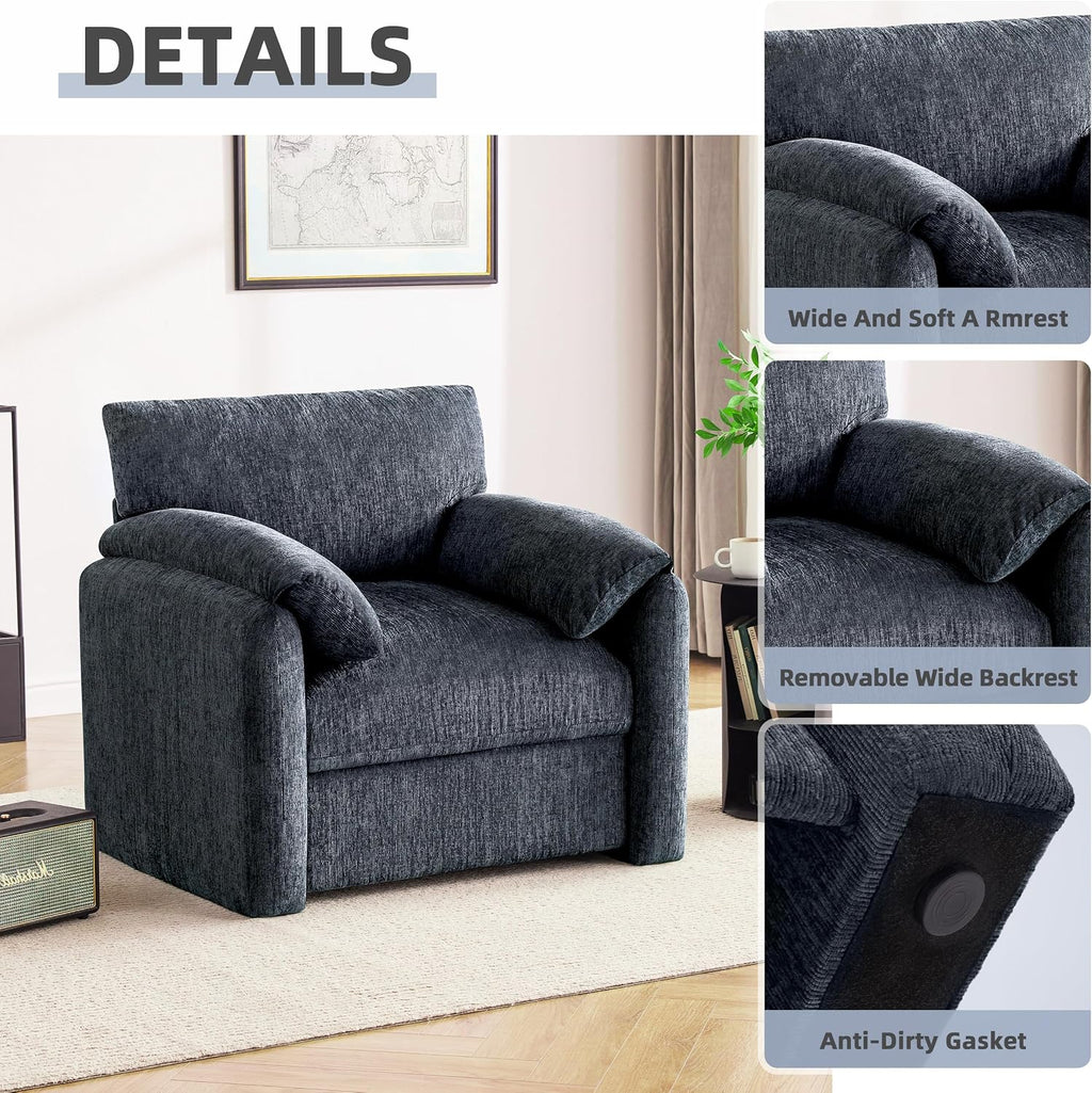 Howjoe Chenille Oversized Armchair, 38.6' Wide Accent Chairs for Living Room & Bedroom Modern Lounge Chair, Upholstered Mid-Century Reading Chair, Comfy Living Room Chair, Single Sofa Chair, Blue