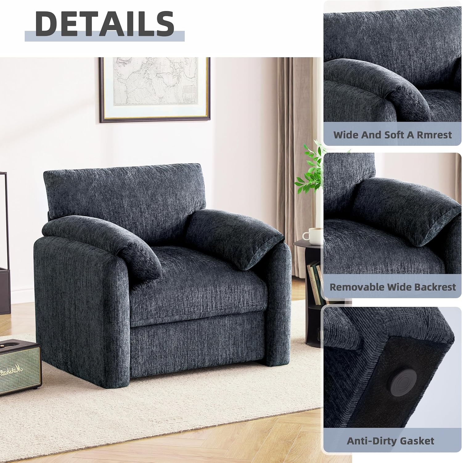Howjoe Chenille Oversized Armchair, 38.6' Wide Accent Chairs for Living Room & Bedroom Modern Lounge Chair, Upholstered Mid-Century Reading Chair, Comfy Living Room Chair, Single Sofa Chair, Blue