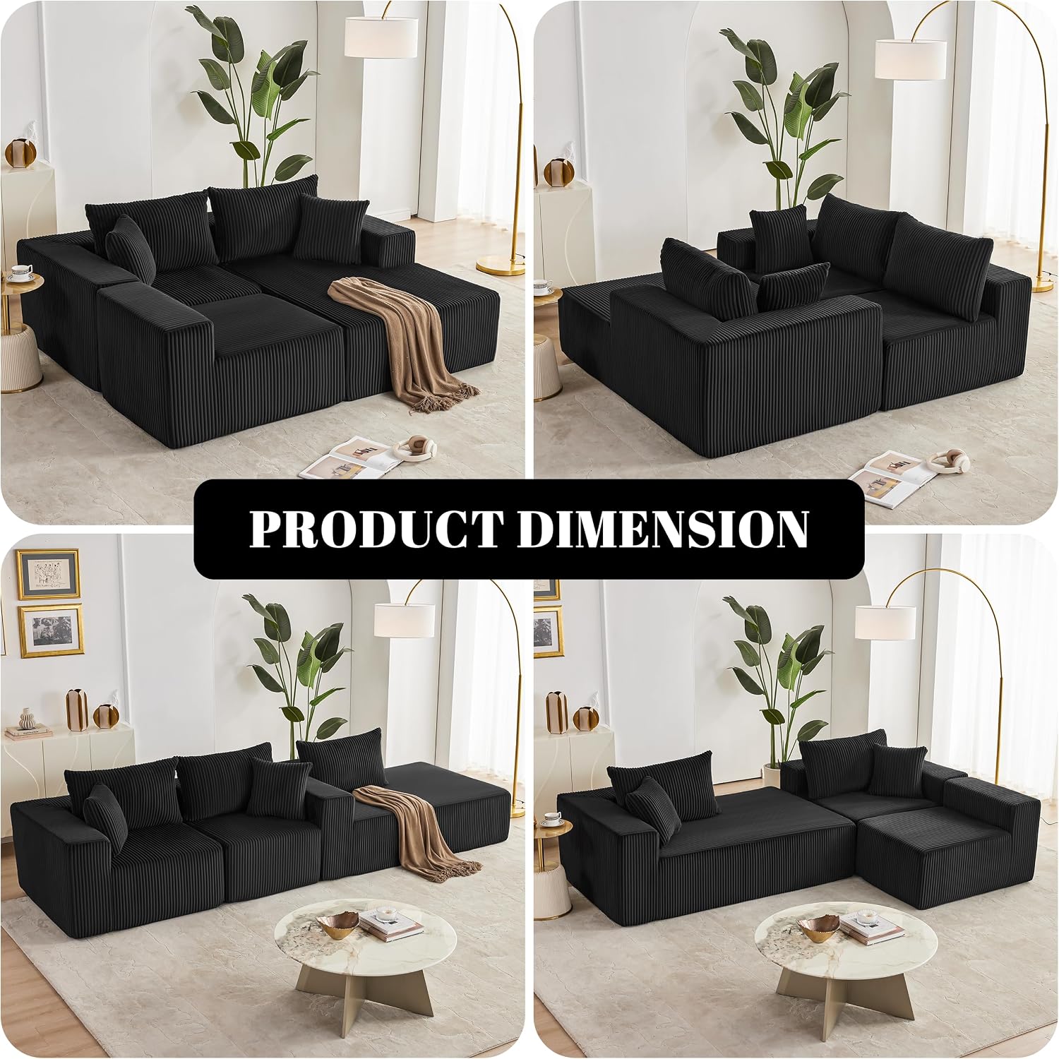 Weture 108' Modular Sectional Sofa, Cloud Sectional Couch with Deep Seat, Upholstered Boneless Couches for Living Room Bedroom, Modern Modular L-Shape Sofa with Chaise (Black, Corduroy)