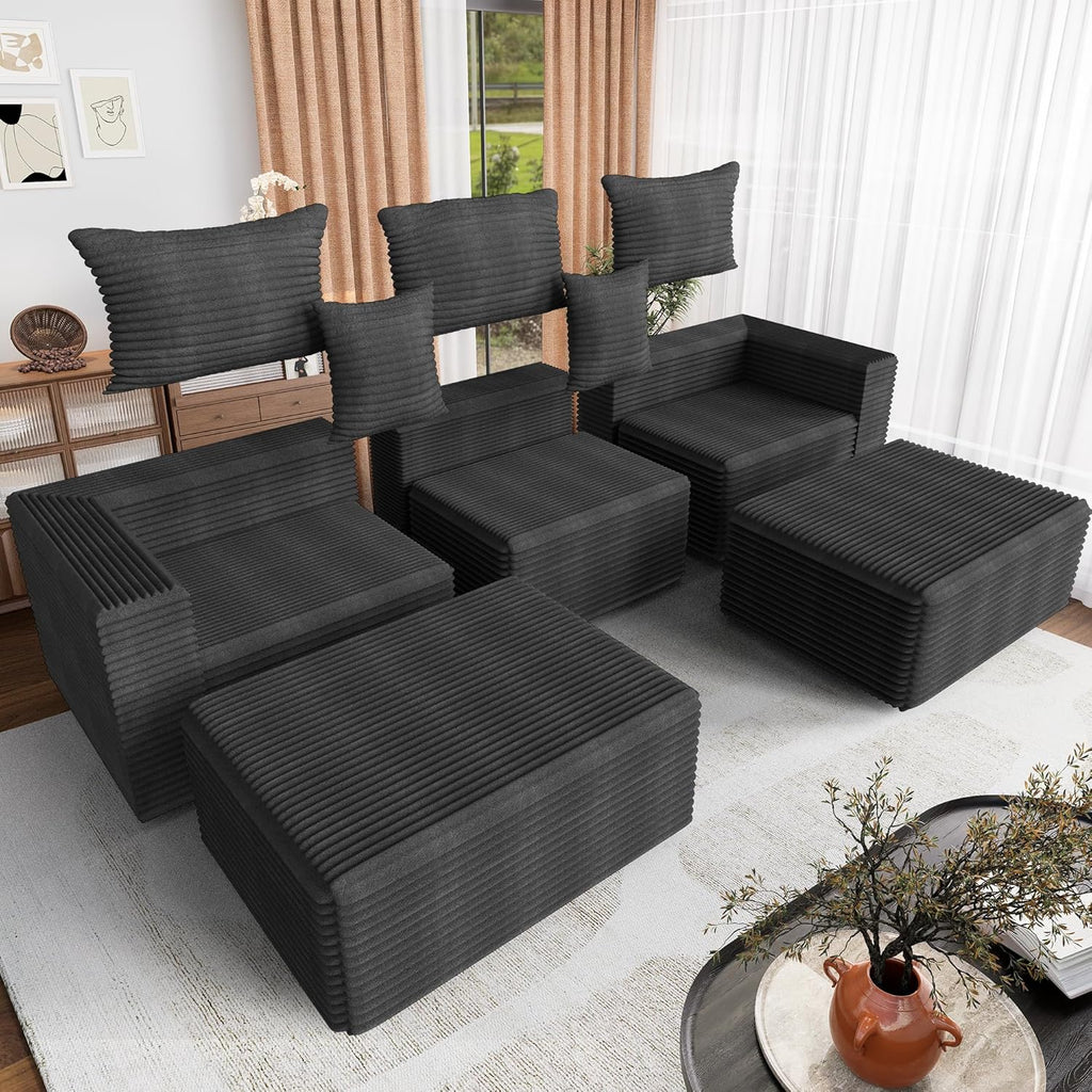 110 Corduroy Modular Sectional Boneless Sofa with 2 Ottomans, Convertible Cloud Couch with Deep Seats, Fluffy Memory Foam U Shaped Couch for Living Room, No Assembly Required (Black)